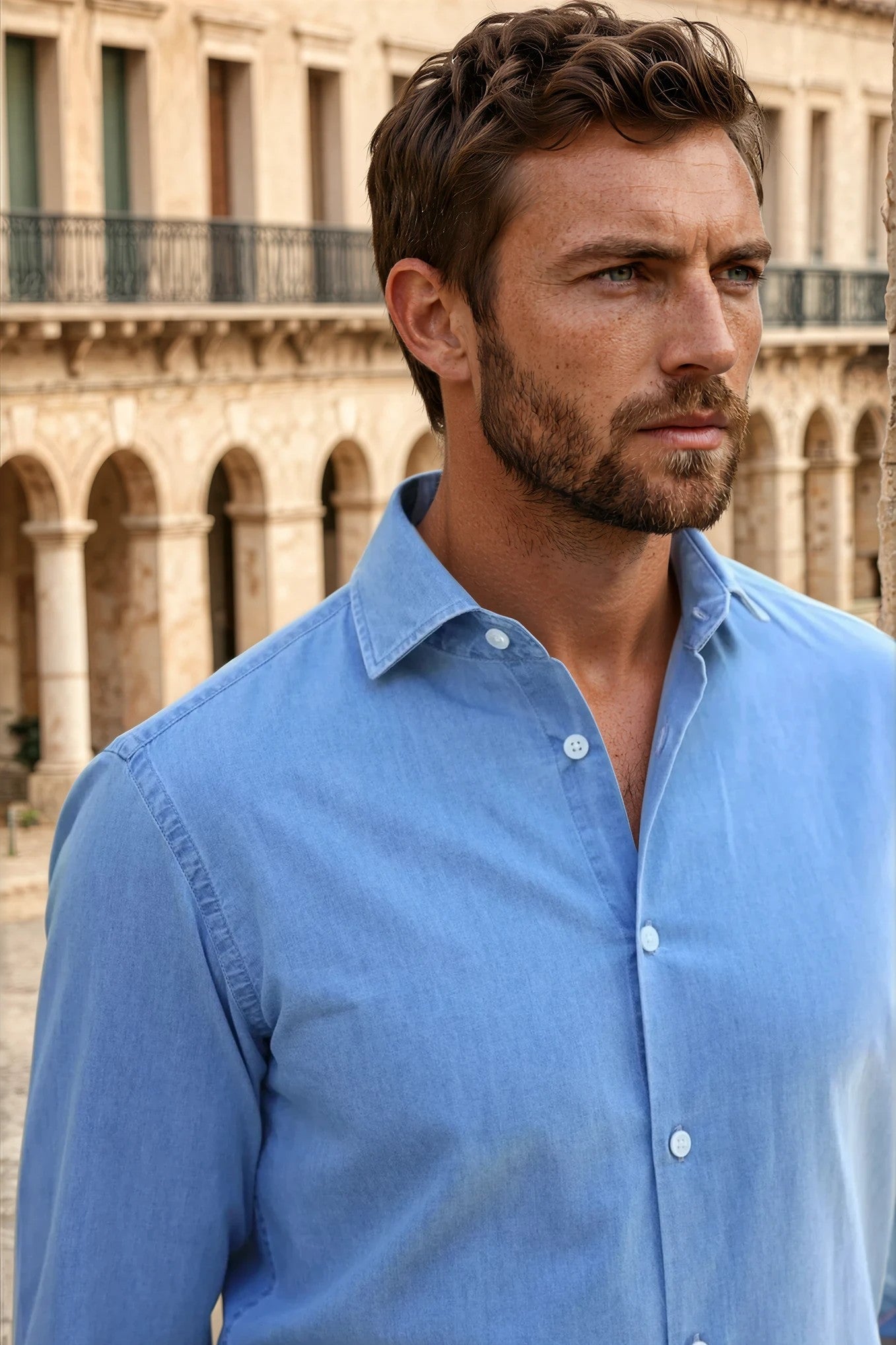 Chemise Gio col italien en jean - Bleu clair-CHEMISE HOMME-Curling-Paris