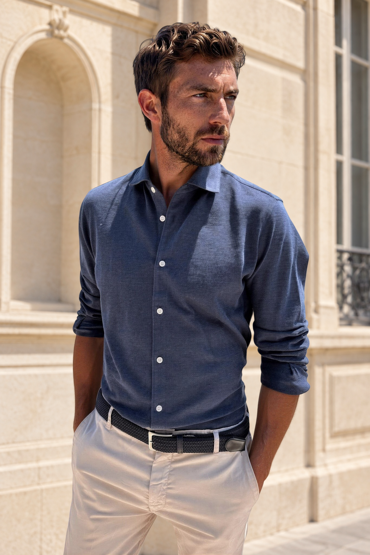 Chemise Hugo en coton piqué - Marine-CHEMISE HOMME-Curling-Paris