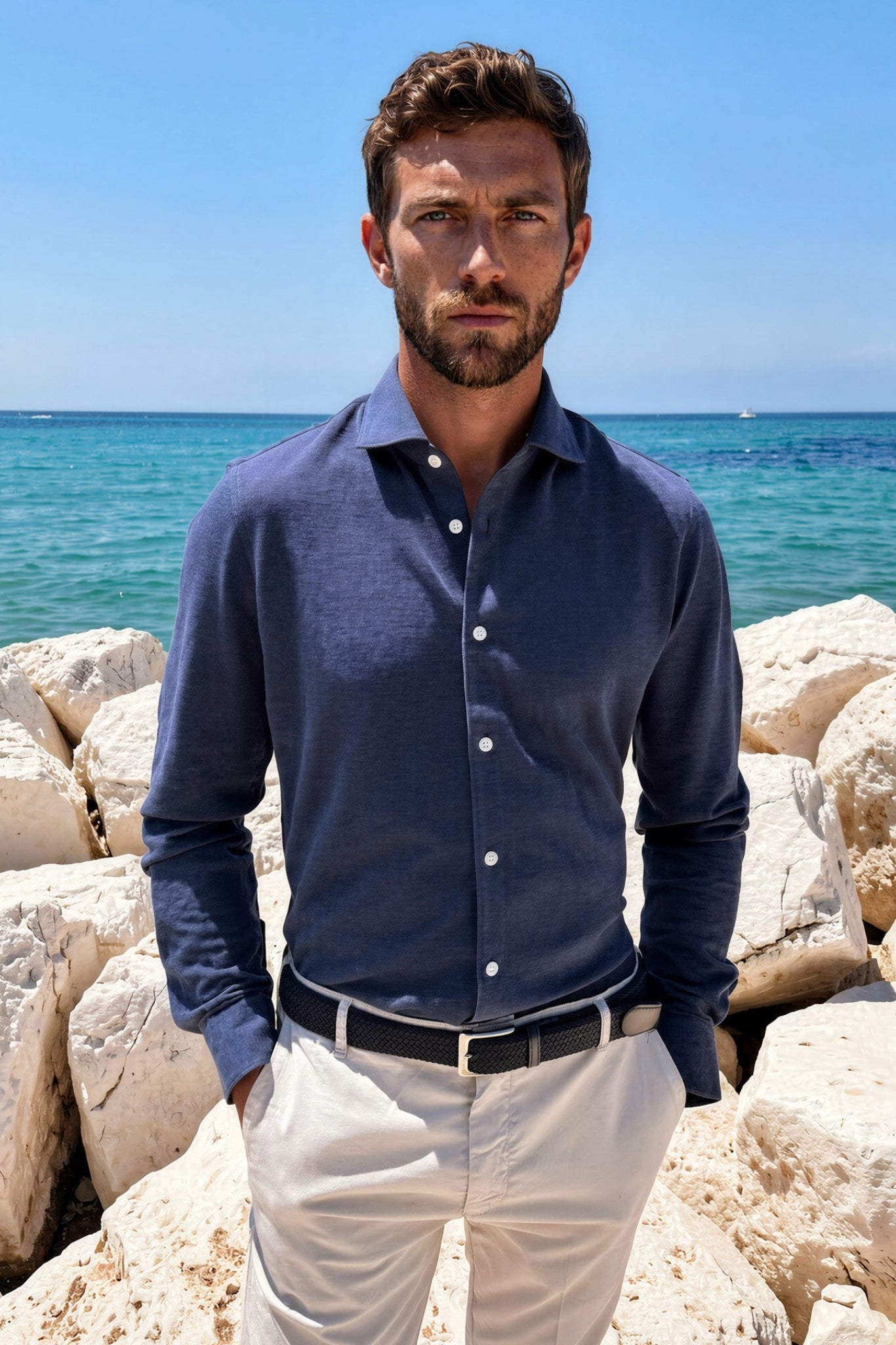 Chemise Hugo en coton piqué - Marine-CHEMISE HOMME-Curling-Paris