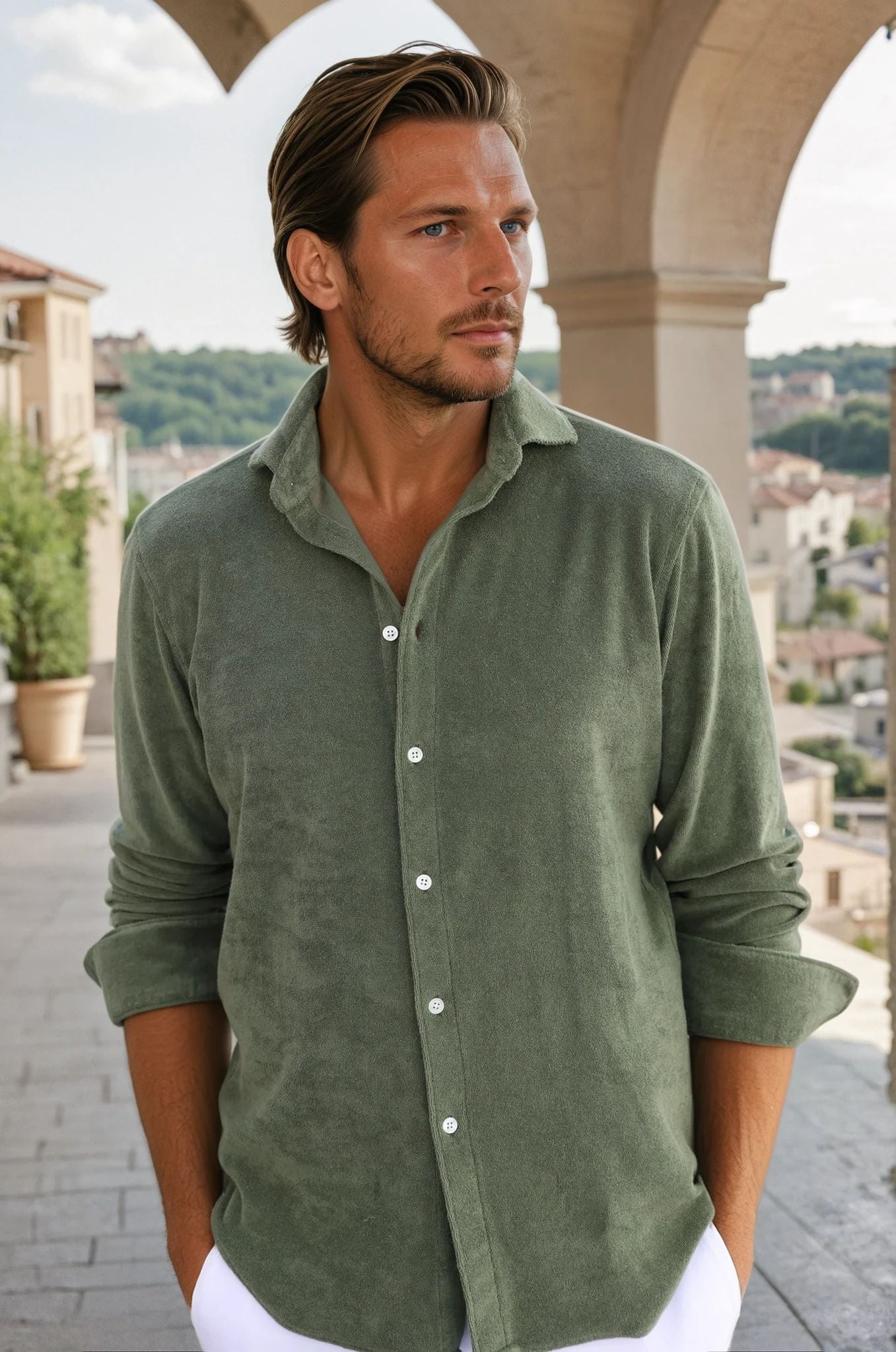 Chemise Hugo en éponge de coton - Kaki-CHEMISE HOMME-Curling-Paris