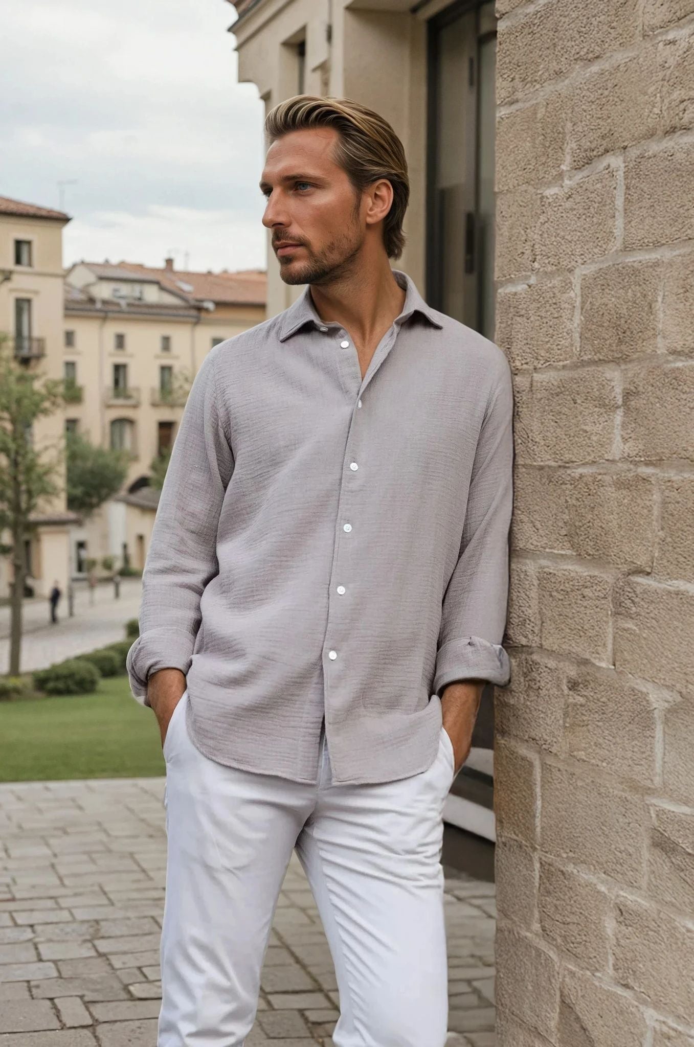 Chemise Hugo en gaze de coton - Beige-CHEMISE HOMME-Curling-Paris