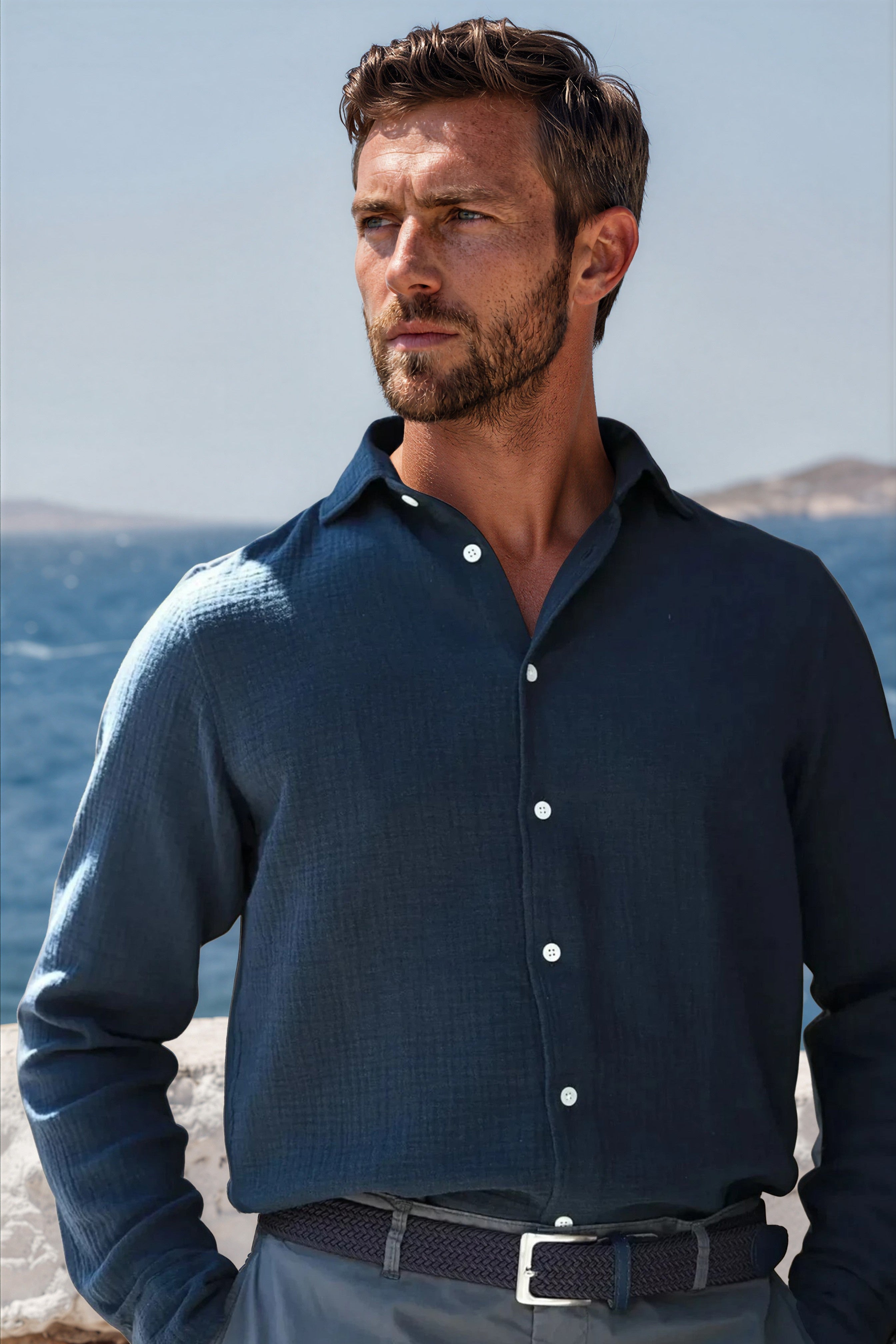 Chemise Hugo en gaze de coton - Marine-CHEMISE HOMME-Curling-Paris
