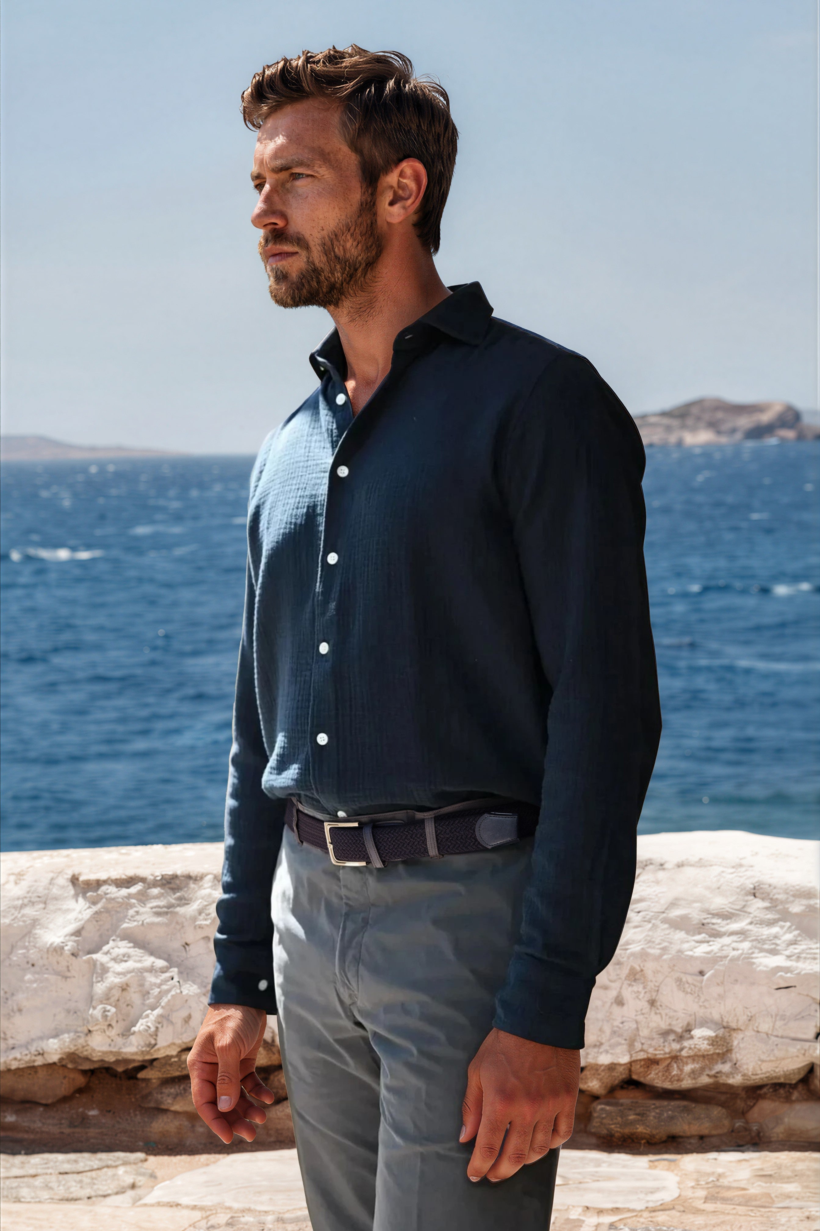Chemise Hugo en gaze de coton - Marine-CHEMISE HOMME-Curling-Paris