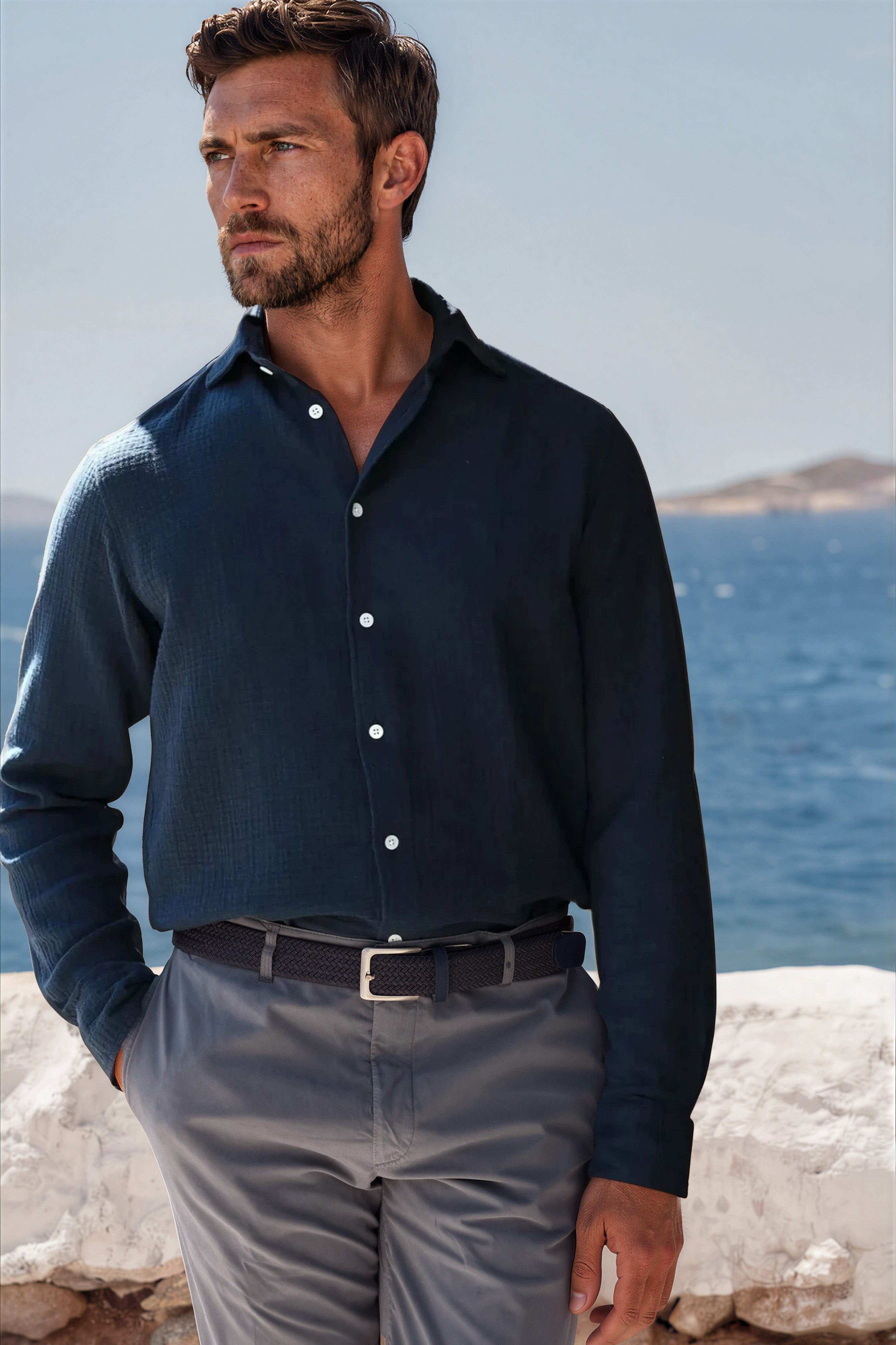 Chemise Hugo en gaze de coton - Marine-CHEMISE HOMME-Curling-Paris