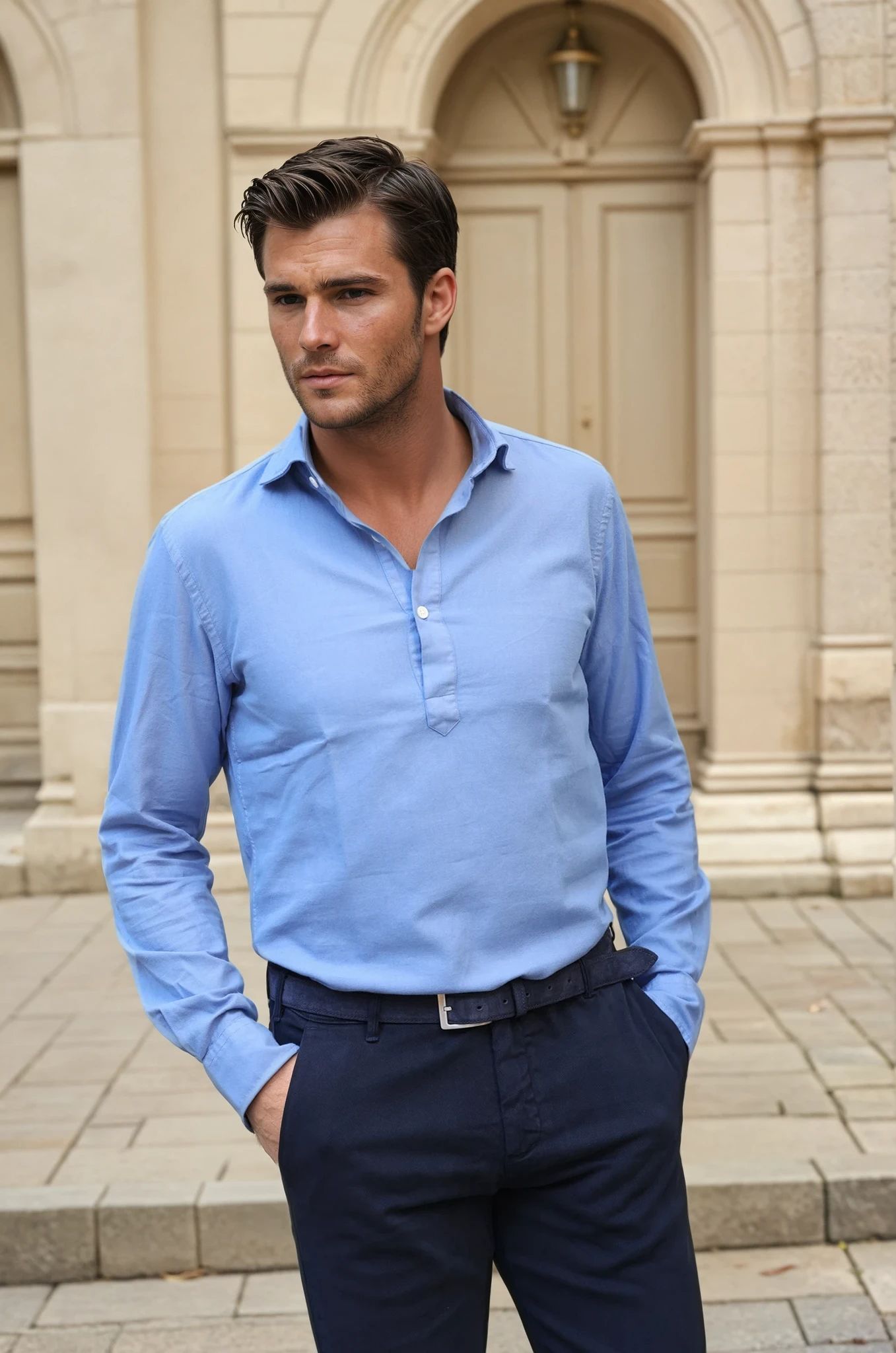 Chemise Popover en flanelle de coton - Bleu-CHEMISE HOMME-Curling-Paris