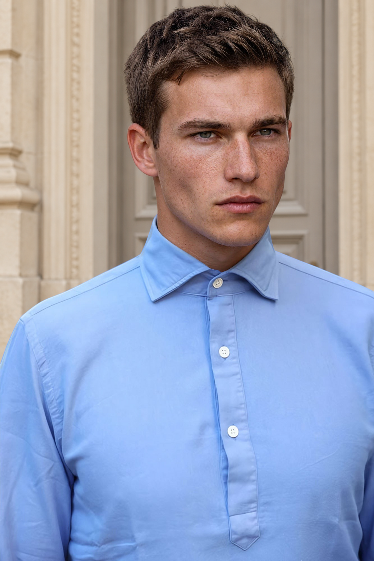 Chemise Popover en flanelle de coton - Bleu-CHEMISE HOMME-Curling-Paris