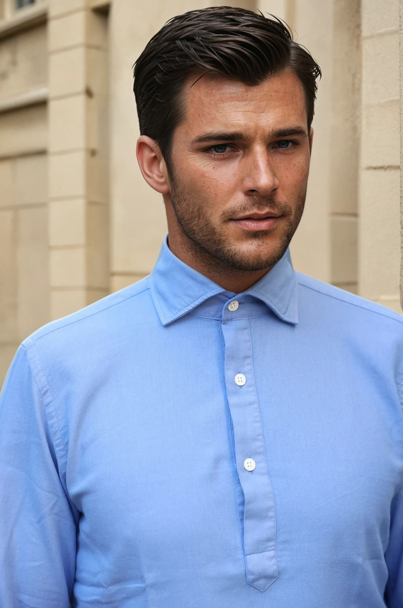 Chemise Popover en flanelle de coton - Bleu-CHEMISE HOMME-Curling-Paris
