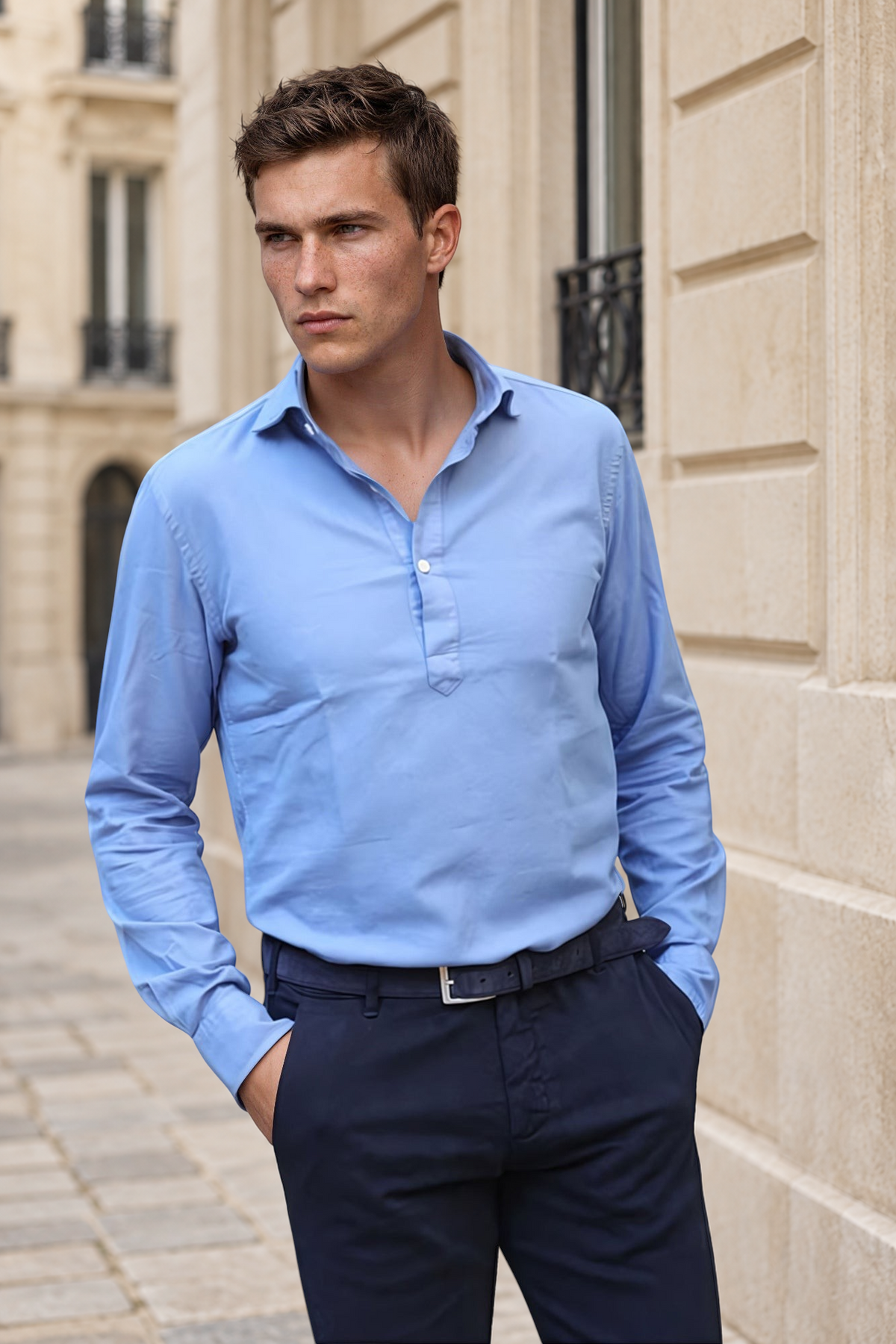 Chemise Popover en flanelle de coton - Bleu-CHEMISE HOMME-Curling-Paris