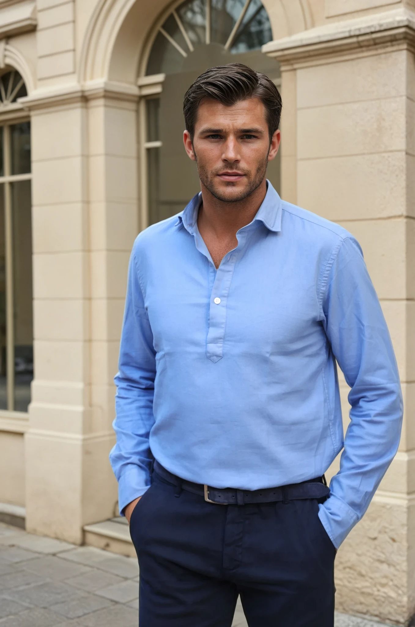 Chemise Popover en flanelle de coton - Bleu-CHEMISE HOMME-Curling-Paris