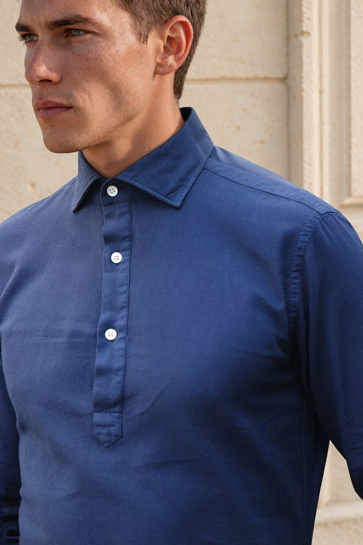 Chemise Popover en flanelle de coton - Marine-CHEMISE HOMME-Curling-Paris