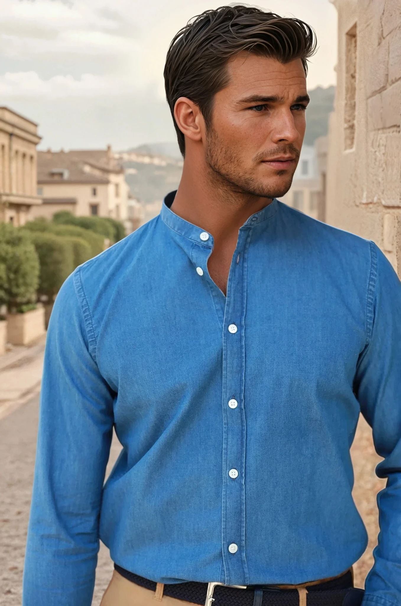Chemise col mao en jeans - Bleu denim-CHEMISE HOMME-Curling-Paris