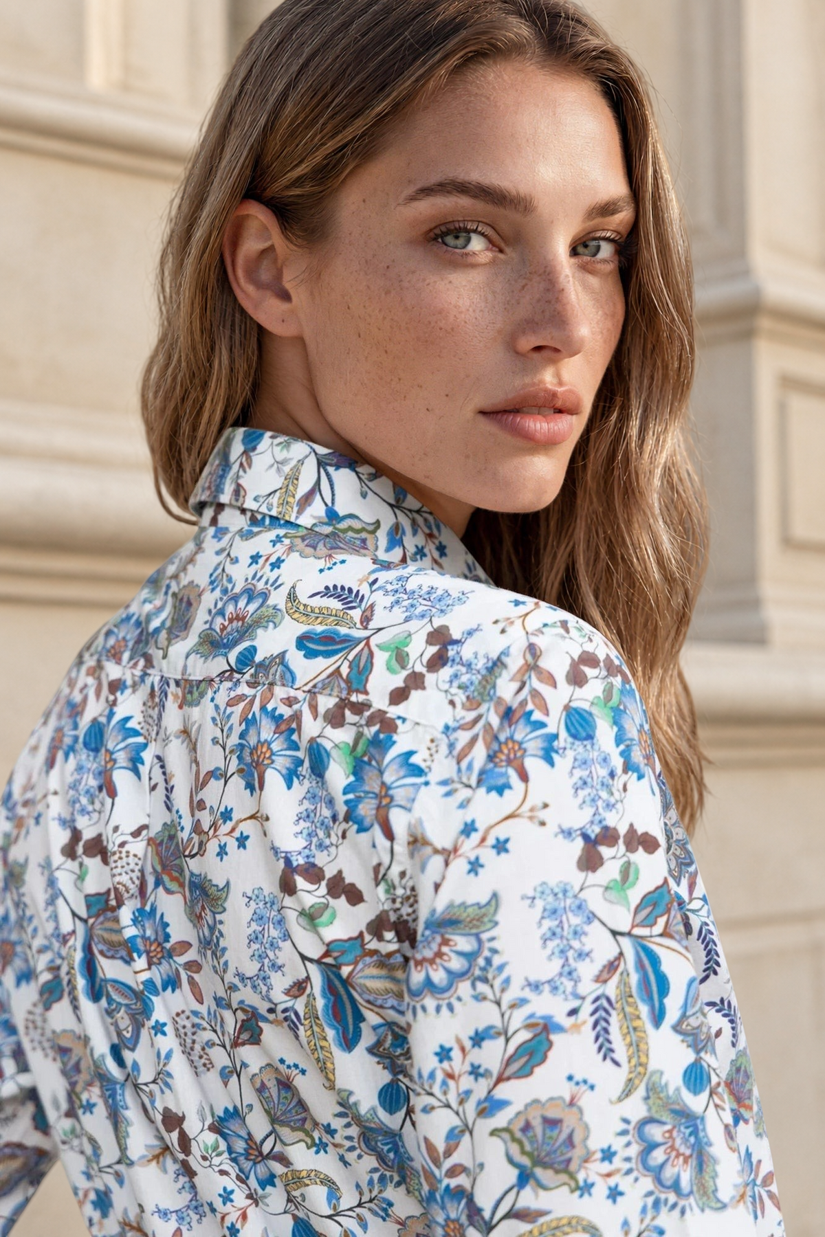 Chemisier Canelle en coton – Fleurs Bleu Marron-CHEMISIER FEMME-Curling-Paris
