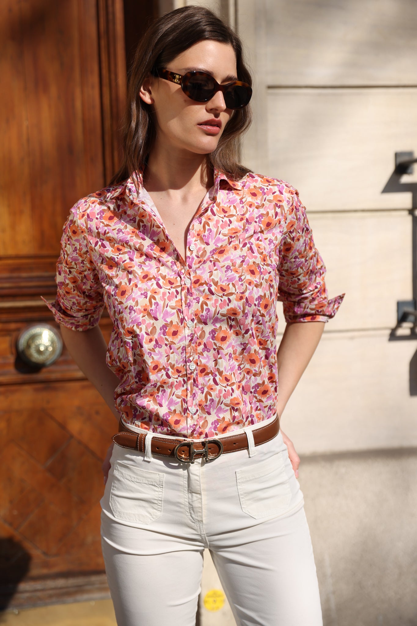 Chemisier Canelle en coton - Fleurs orange-CHEMISIER FEMME-Curling-Paris