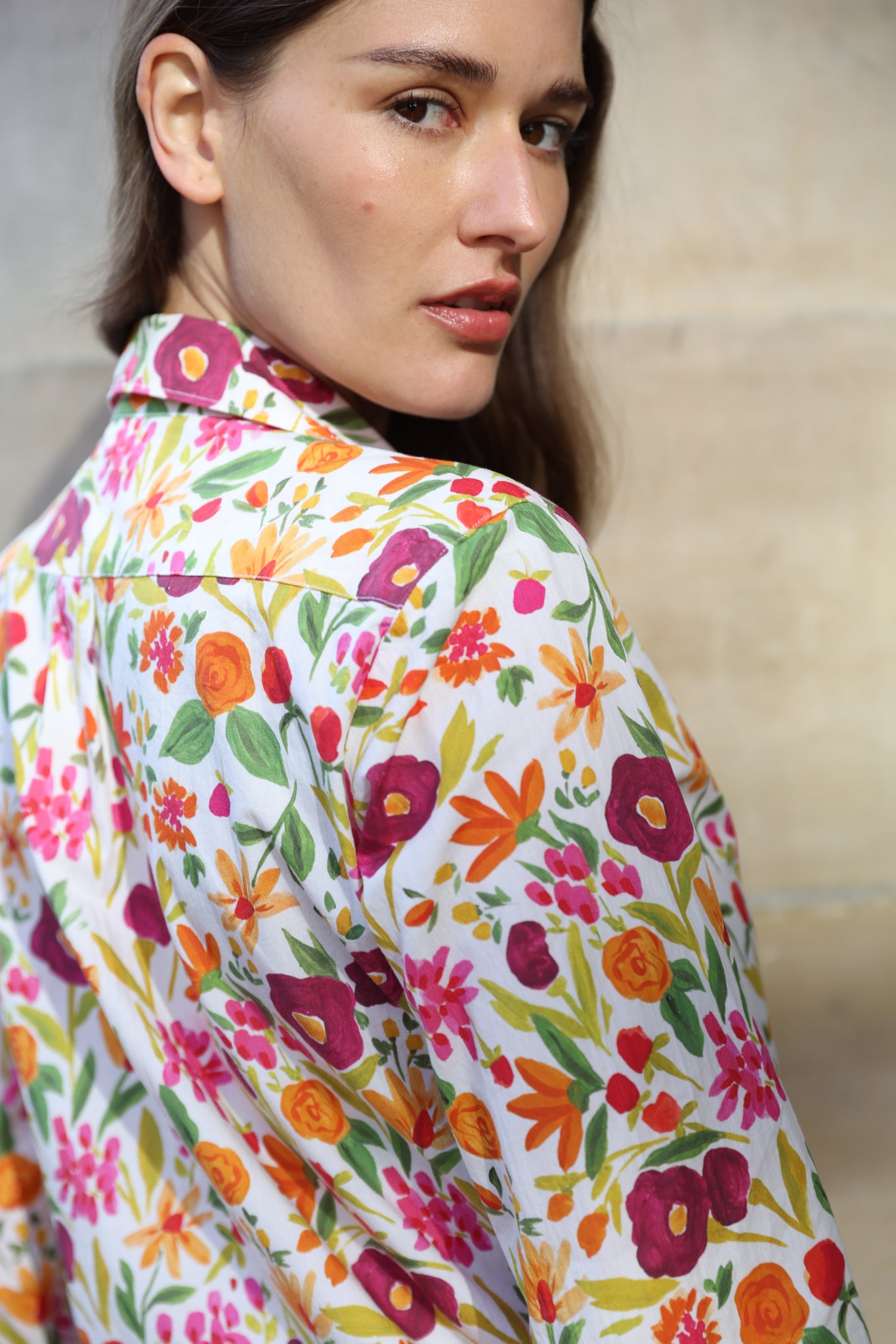 Chemisier Canelle en coton - Fleurs prune & orange-CHEMISIER FEMME-Curling-Paris