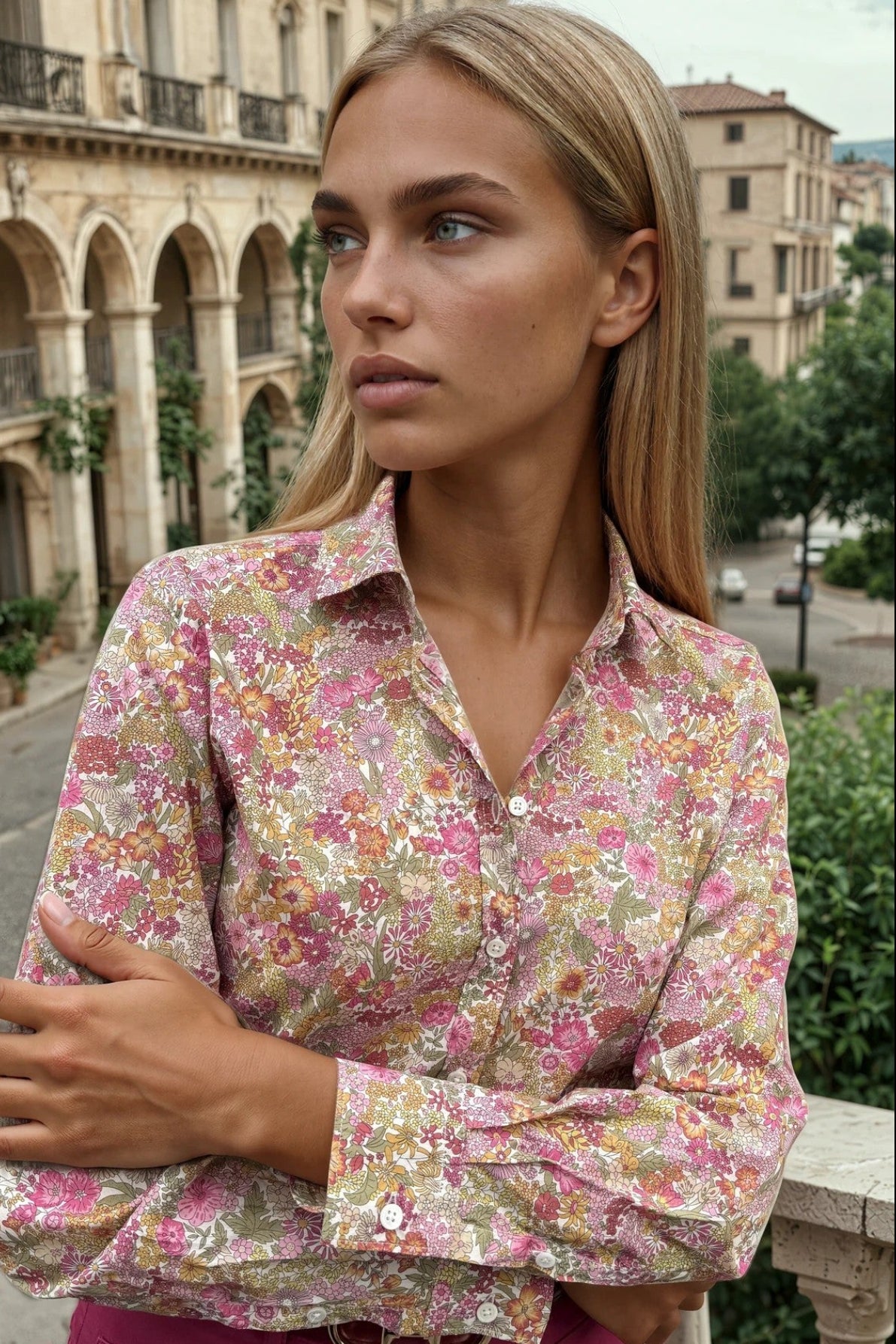 Chemisier Canelle en coton Liberty of London - Fleurs Roses et Kaki-CHEMISIER FEMME-Curling-Paris