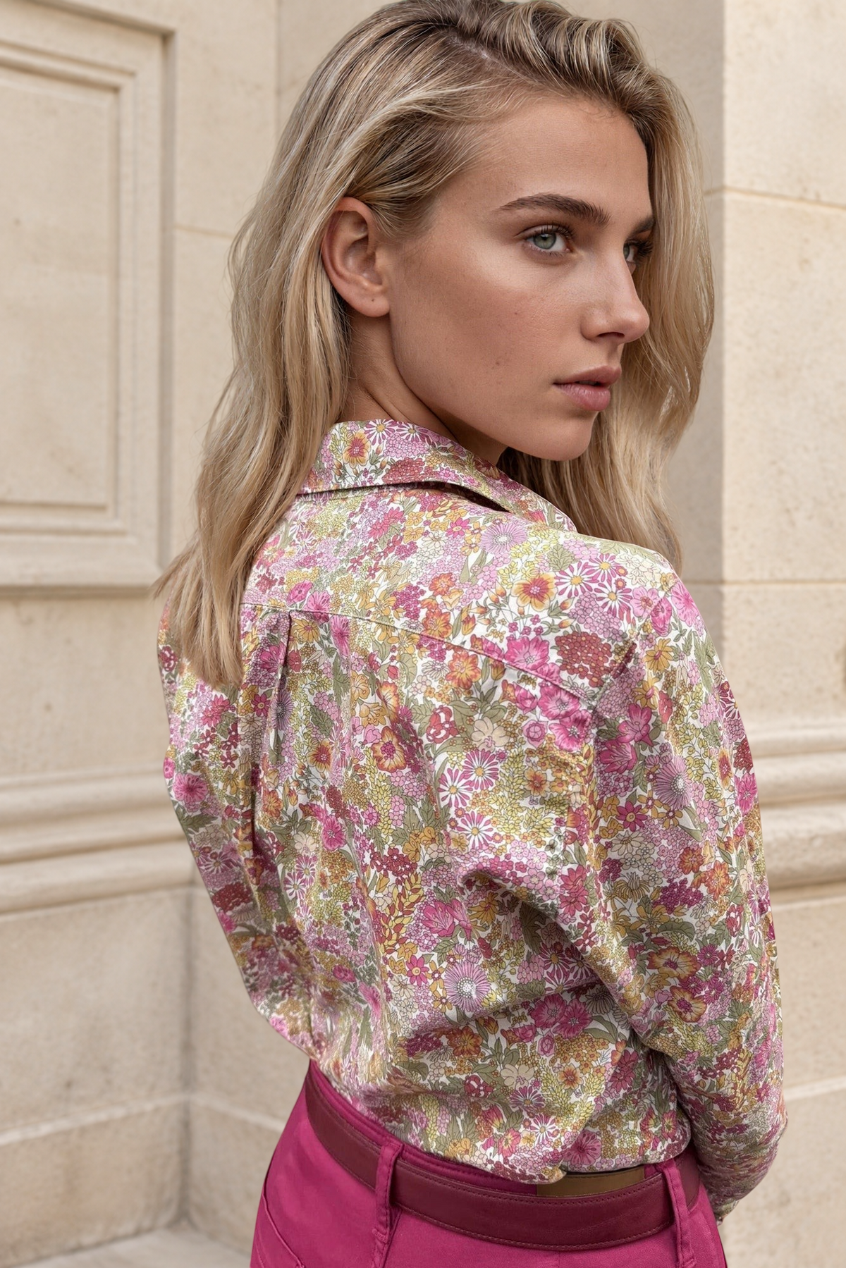 Chemisier Canelle en coton Liberty of London - Fleurs Roses et Kaki-CHEMISIER FEMME-Curling-Paris