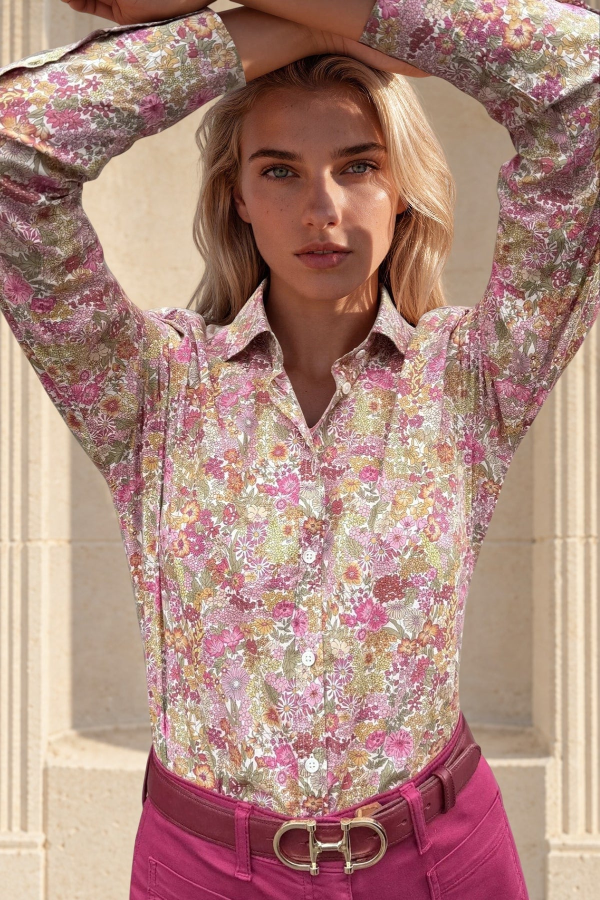 Chemisier Canelle en coton Liberty of London - Fleurs Roses et Kaki-CHEMISIER FEMME-Curling-Paris