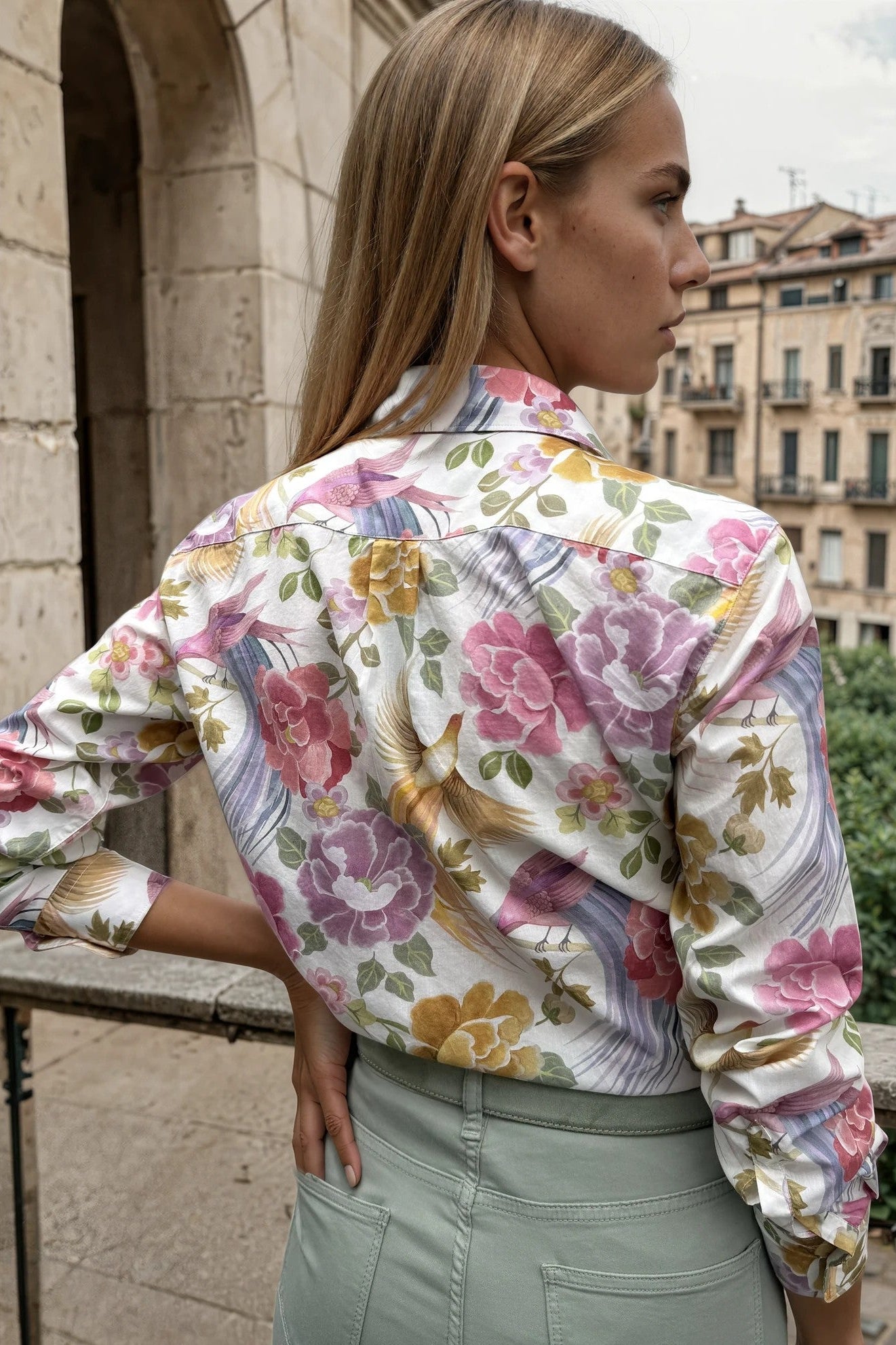 Chemisier Canelle en coton Liberty of London - Oiseau Rose et Sauge-CHEMISIER FEMME-Curling-Paris