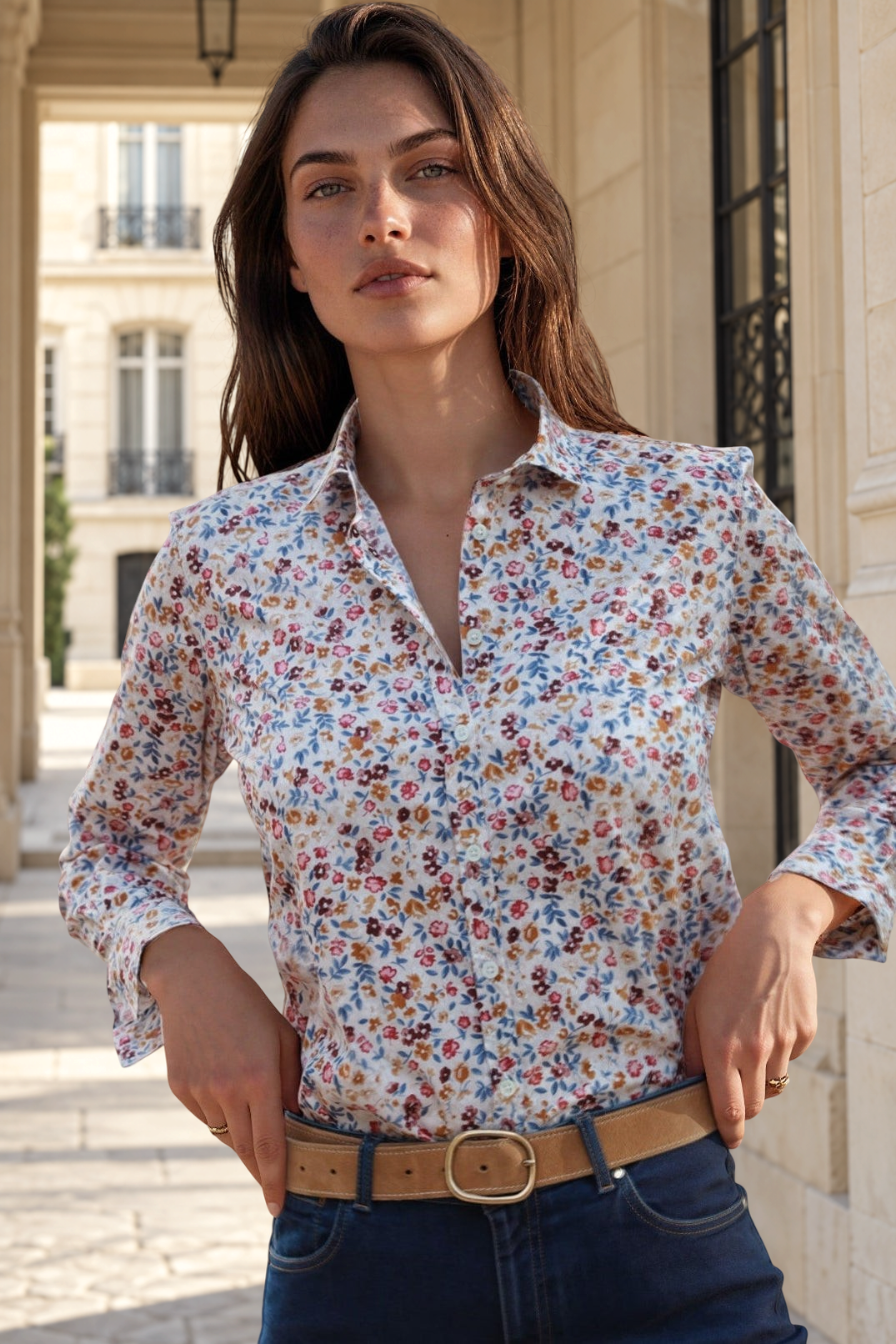 Chemisier Canelle en coton imprimé - Fleurs Bleu-CHEMISIER FEMME-Curling-Paris