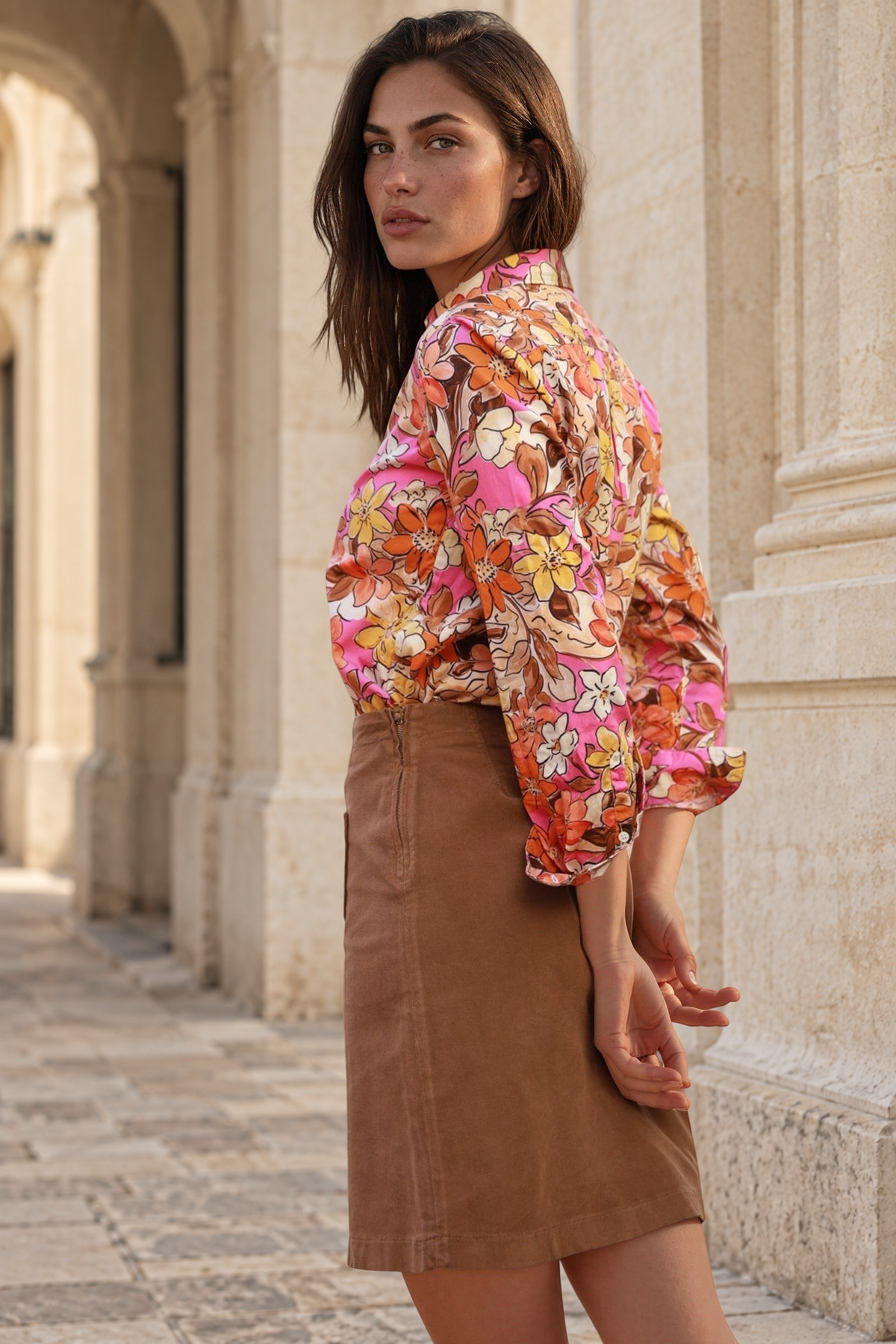 Chemisier Canelle en coton imprimé - Fleurs Orange-CHEMISIER FEMME-Curling-Paris