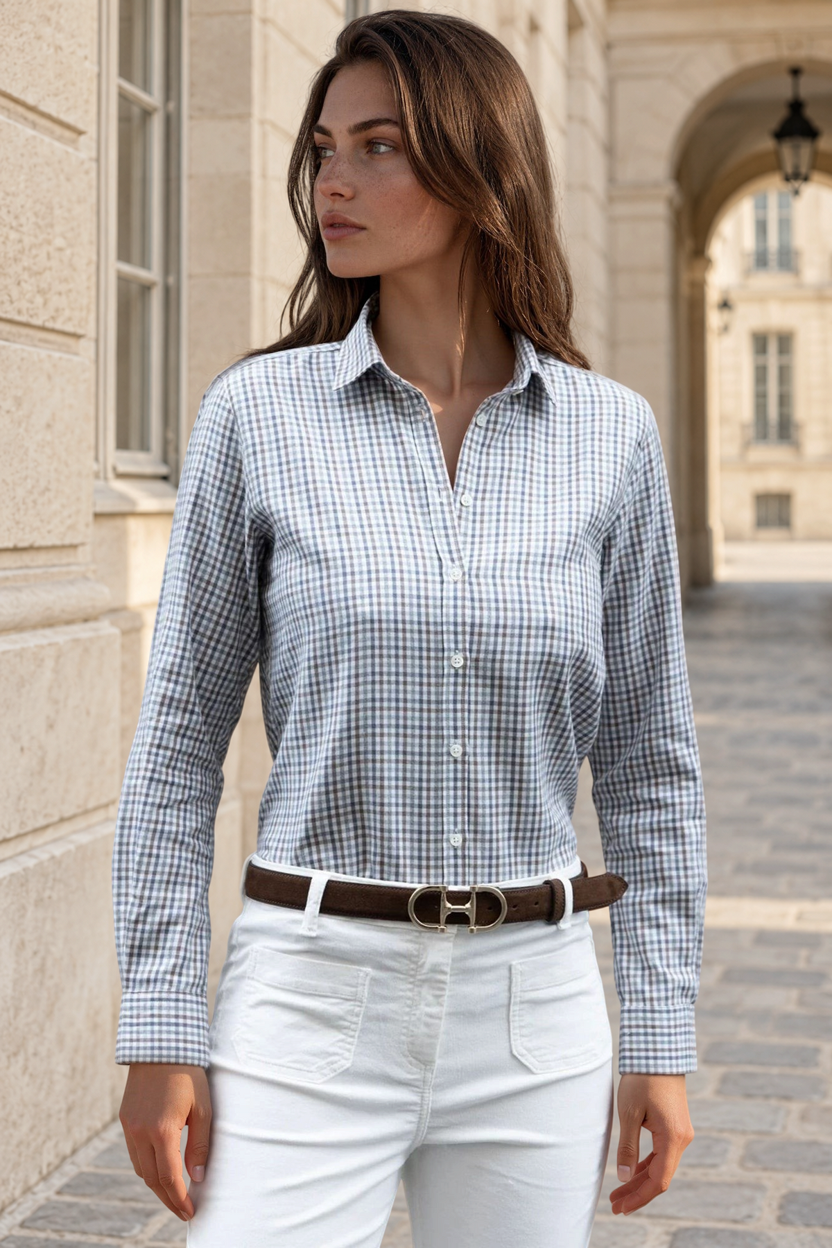 Chemisier Canelle en coton organic et tencel à carreaux - Gris/Marron-CHEMISIER FEMME-Curling-Paris