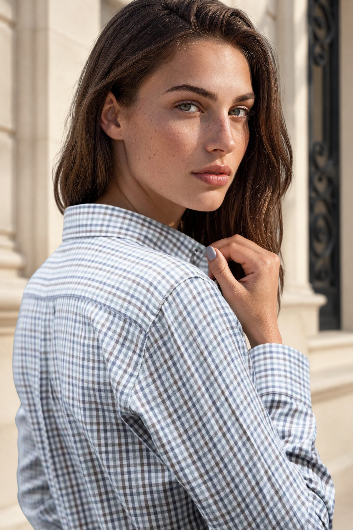 Chemisier Canelle en coton organic et tencel à carreaux - Gris/Marron-CHEMISIER FEMME-Curling-Paris