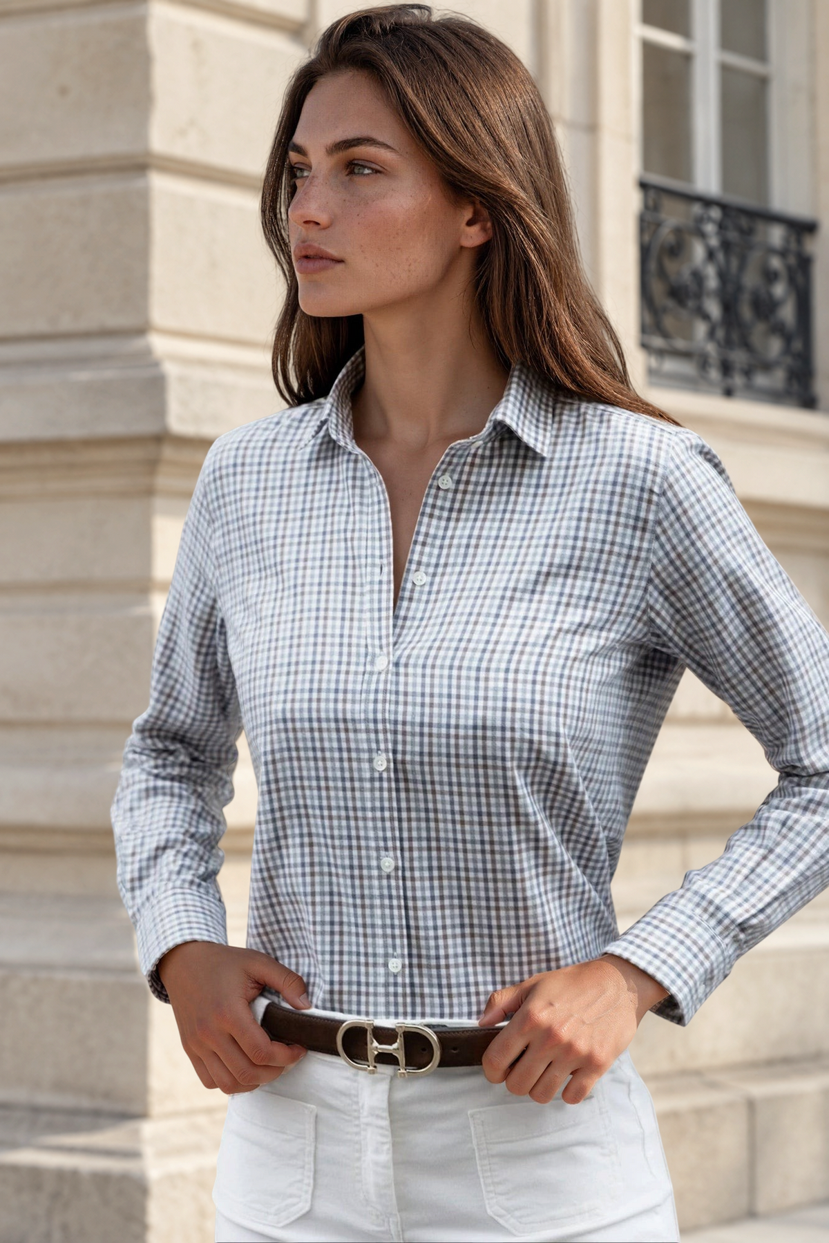 Chemisier Canelle en coton organic et tencel à carreaux - Gris/Marron-CHEMISIER FEMME-Curling-Paris