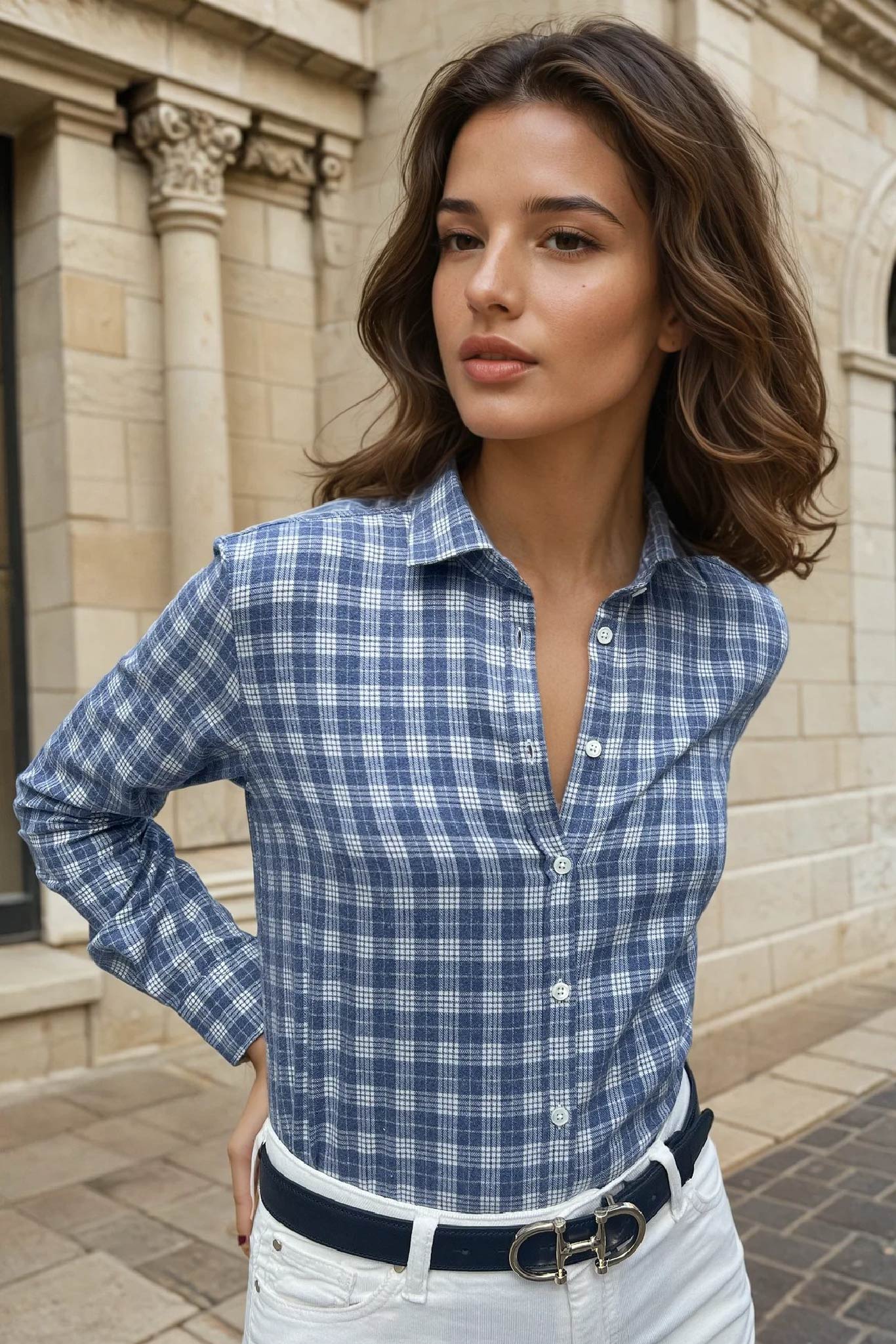 Chemisier Canelle en flanelle de coton - Carreaux ciel-CHEMISIER FEMME-Curling-Paris