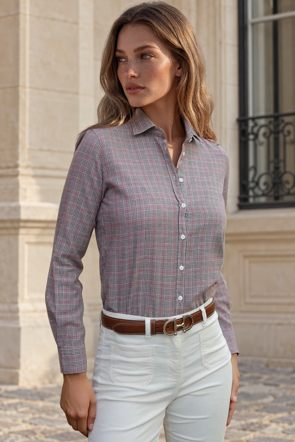 Chemisier Canelle en flanelle de coton - Prince de galles marron-CHEMISIER FEMME-Curling-Paris