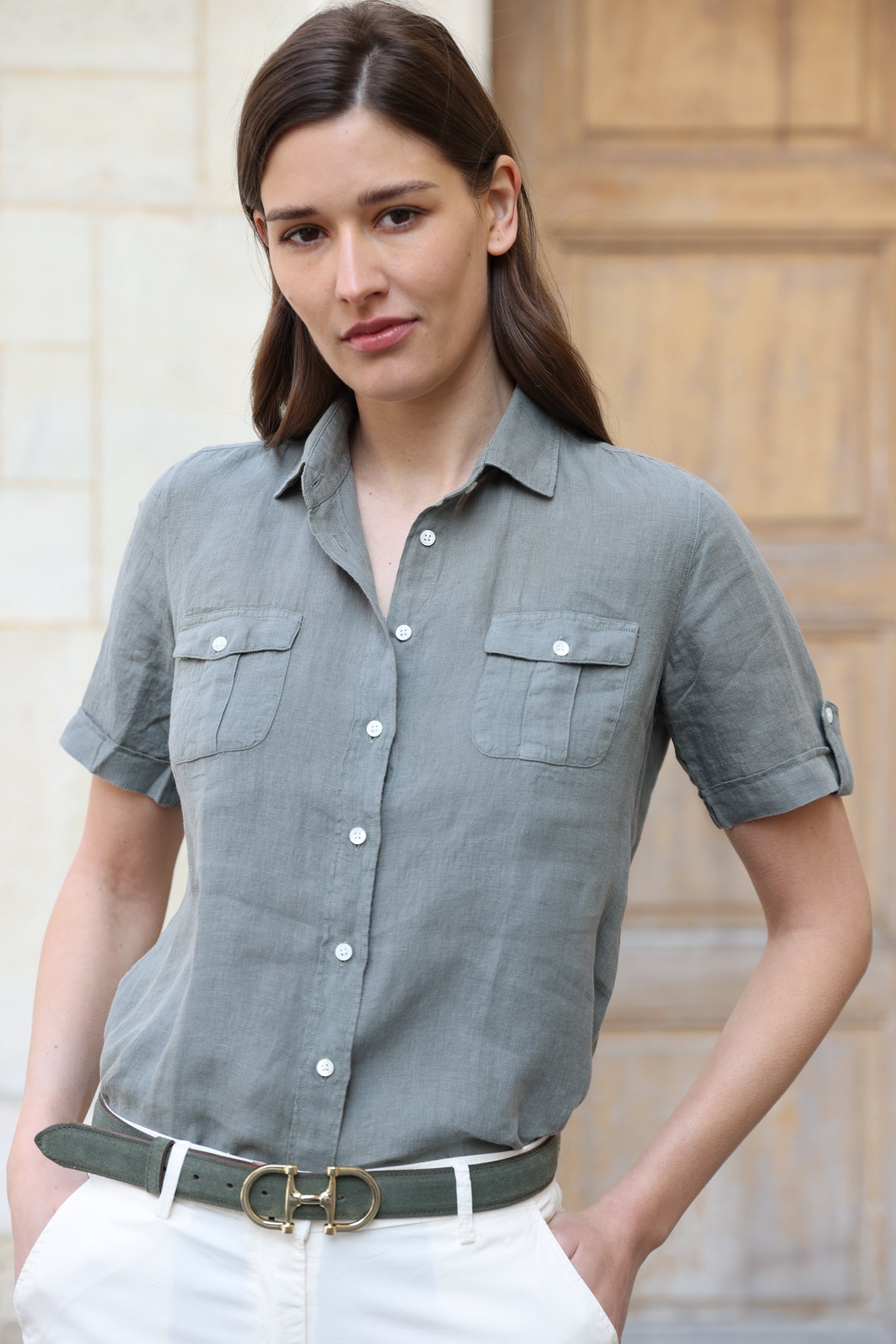 Chemisier Charlotte 100% lin - Kaki-CHEMISIER FEMME-Curling-Paris