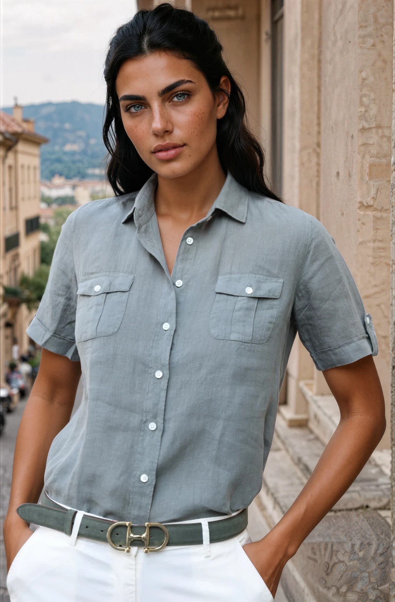 Chemisier Charlotte 100% lin - Kaki clair-CHEMISIER FEMME-Curling-Paris