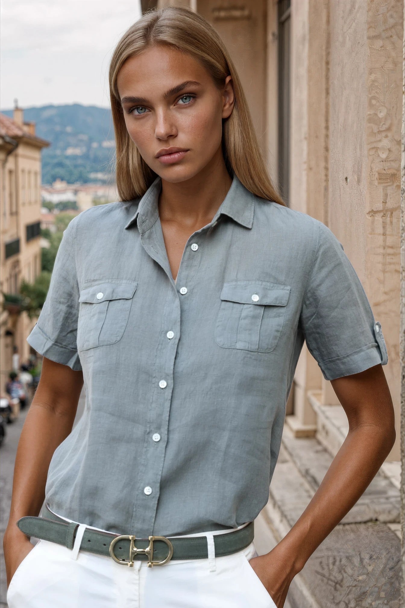 Chemisier Charlotte 100% lin - Kaki clair-CHEMISIER FEMME-Curling-Paris