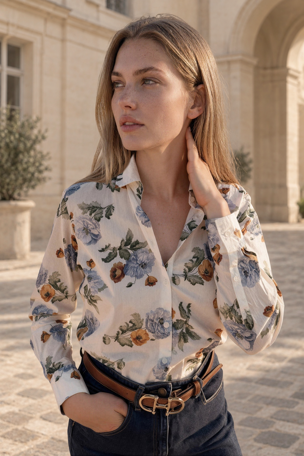 Chemisier Clémence en coton Liberty of London - Ecru, ciel et ocre-CHEMISIER FEMME-Curling-Paris