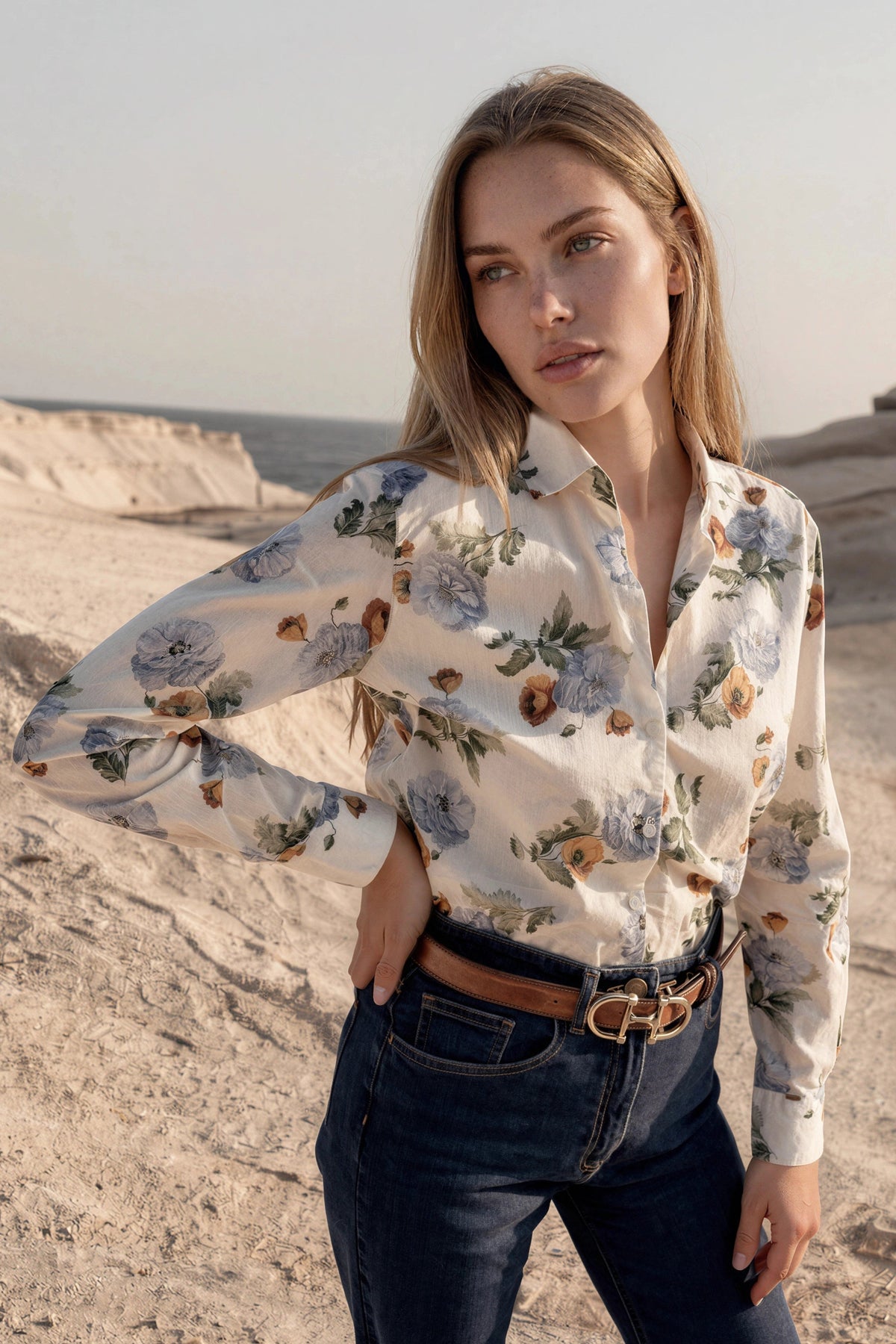 Chemisier Clémence en coton Liberty of London - Ecru, ciel et ocre-CHEMISIER FEMME-Curling-Paris