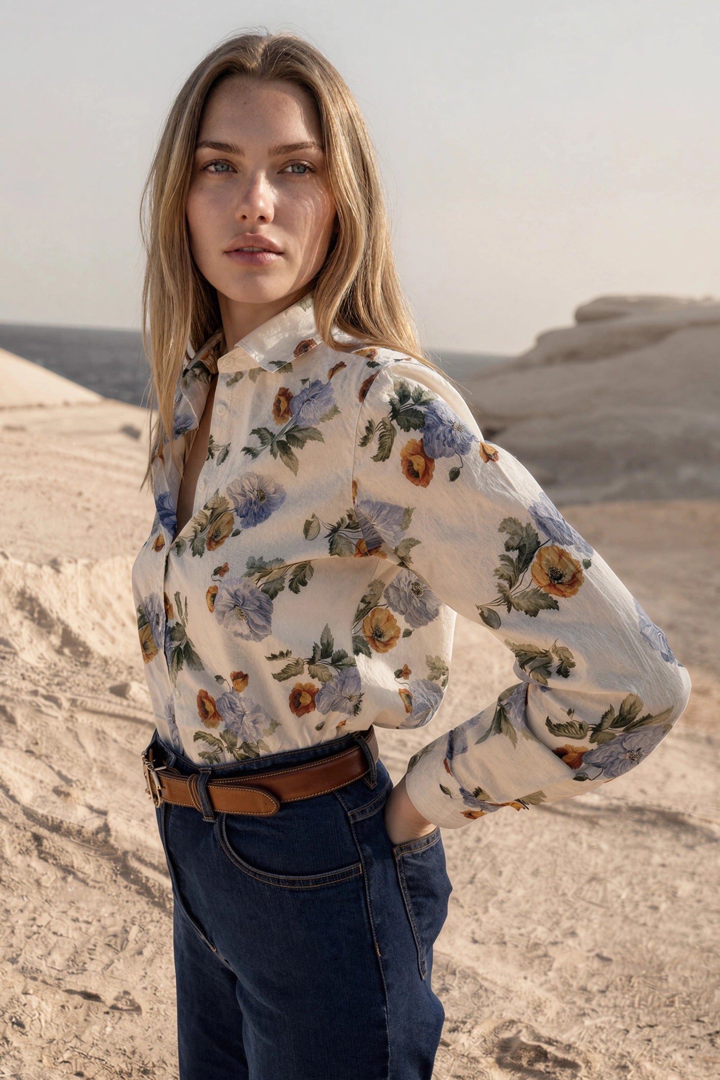 Chemisier Clémence en coton Liberty of London - Ecru, ciel et ocre-CHEMISIER FEMME-Curling-Paris