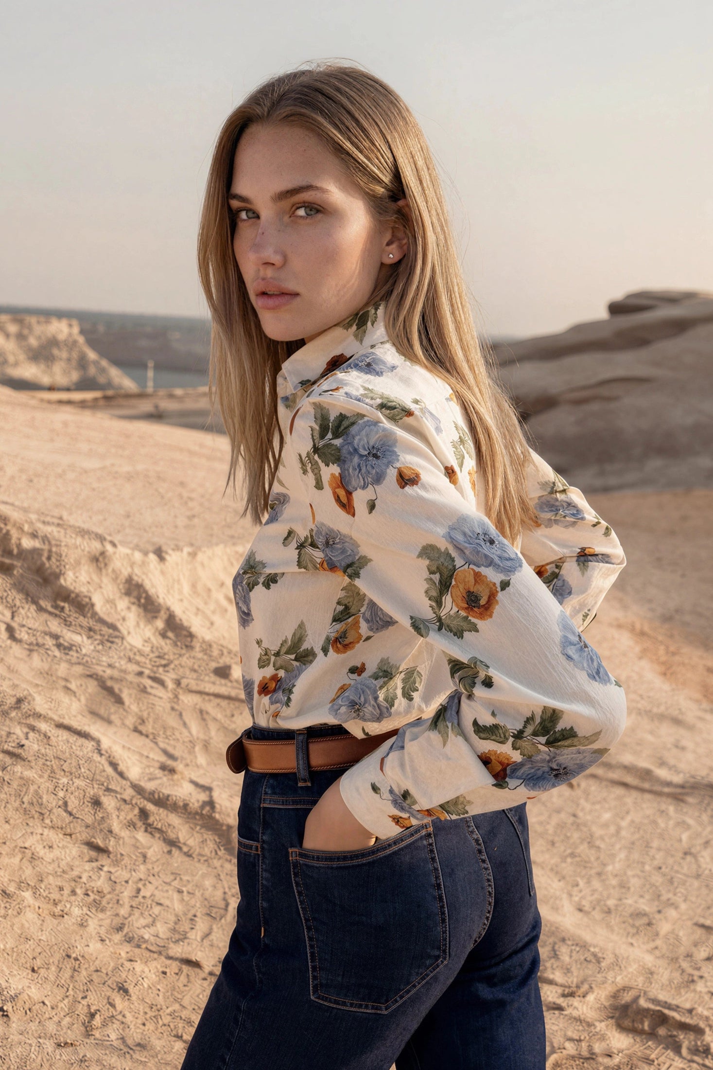 Chemisier Clémence en coton Liberty of London - Ecru, ciel et ocre-CHEMISIER FEMME-Curling-Paris
