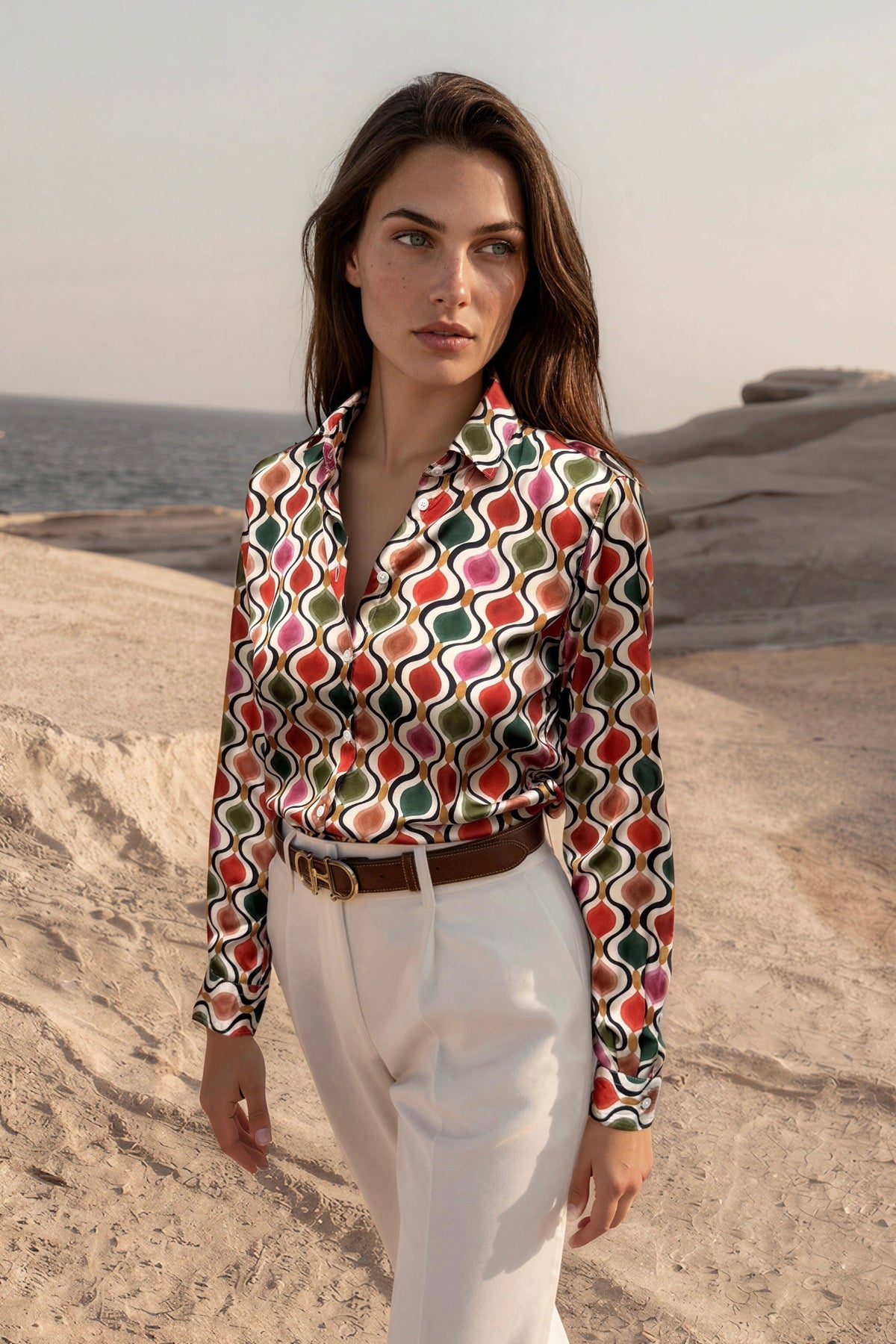 Chemisier Clemence imprimé soyeux - Beige, rouge et vert-CHEMISIER FEMME-Curling-Paris