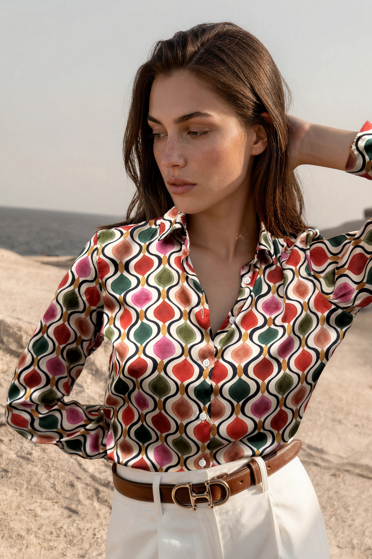 Chemisier Clemence imprimé soyeux - Beige, rouge et vert-CHEMISIER FEMME-Curling-Paris