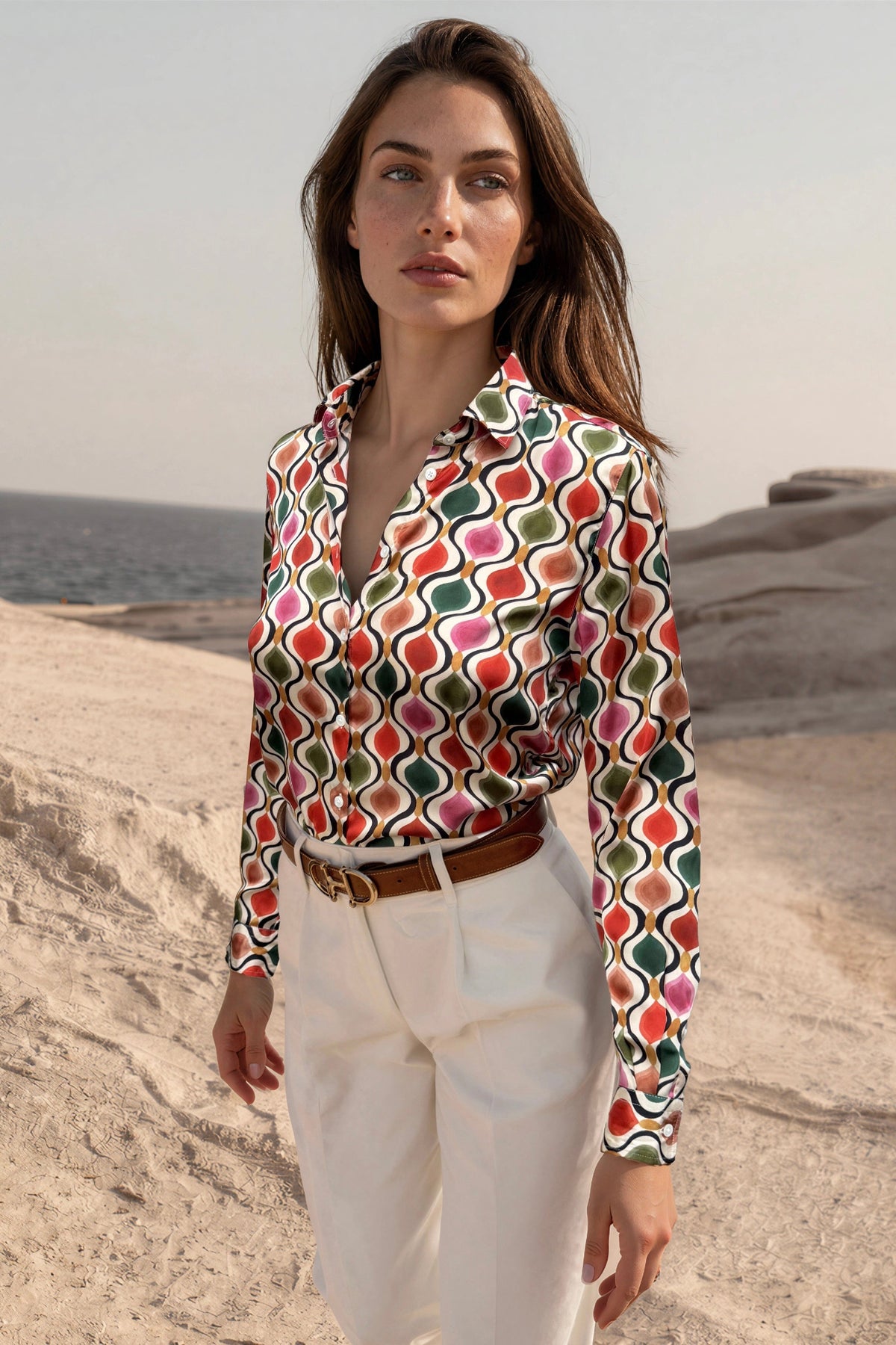 Chemisier Clemence imprimé soyeux - Beige, rouge et vert-CHEMISIER FEMME-Curling-Paris
