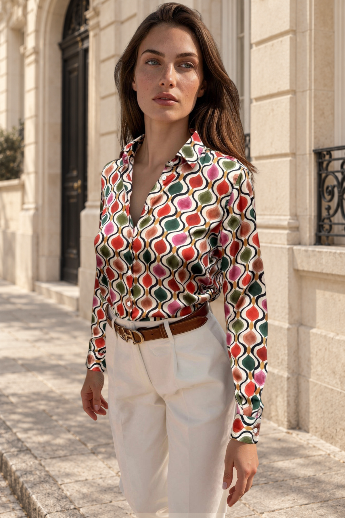 Chemisier Clemence imprimé soyeux - Beige, rouge et vert-CHEMISIER FEMME-Curling-Paris
