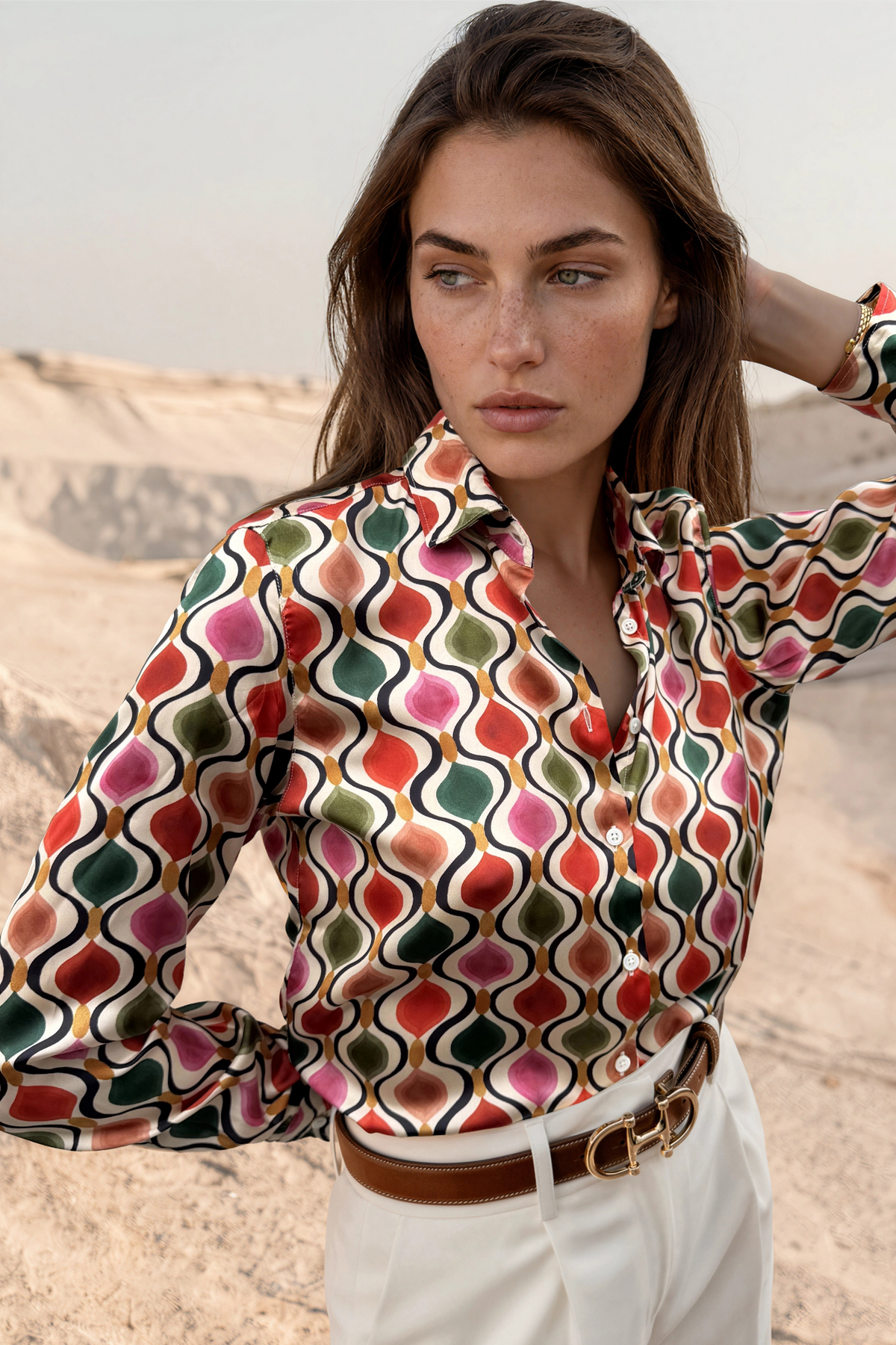 Chemisier Clemence imprimé soyeux - Beige, rouge et vert-CHEMISIER FEMME-Curling-Paris