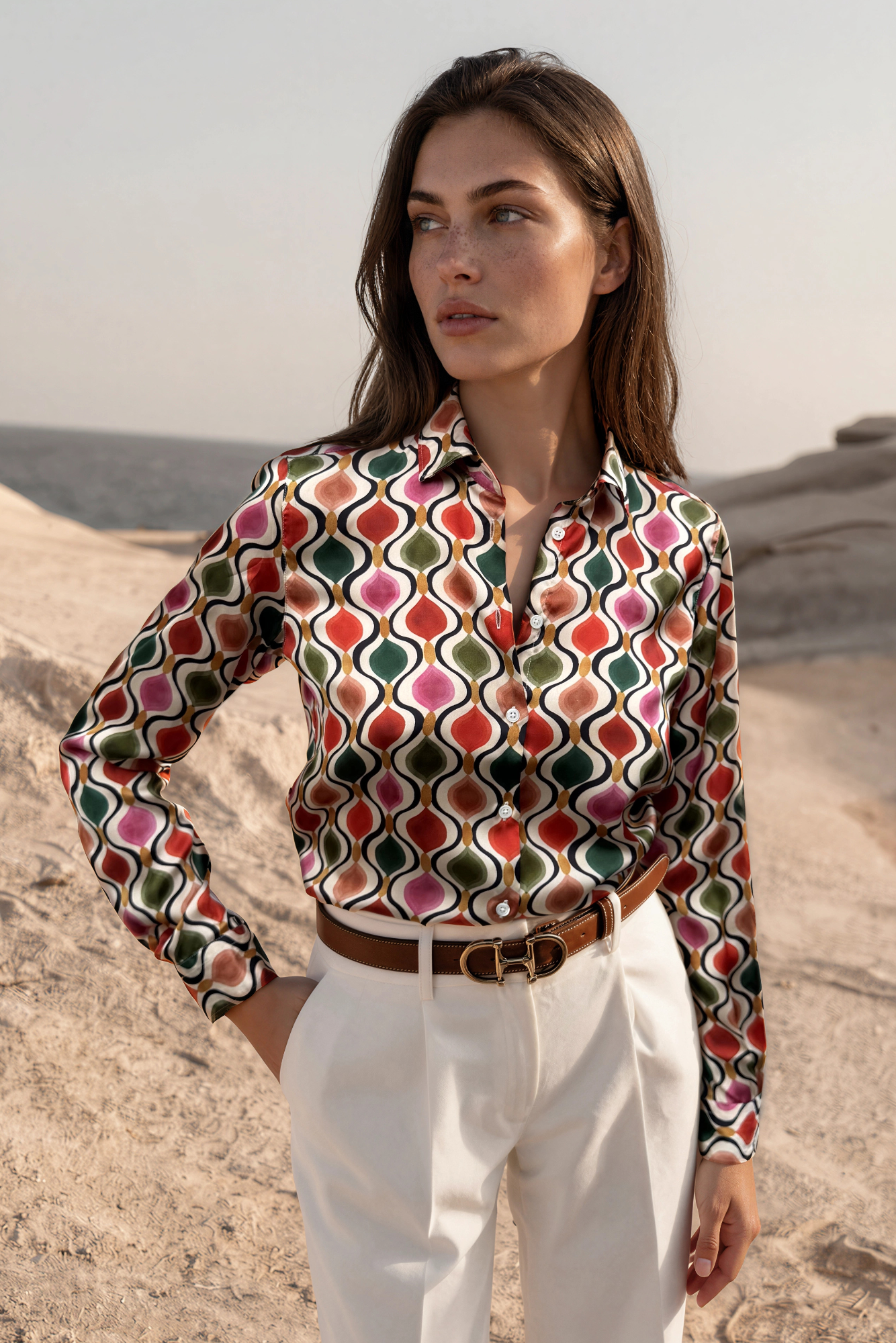 Chemisier Clemence imprimé soyeux - Beige, rouge et vert-CHEMISIER FEMME-Curling-Paris