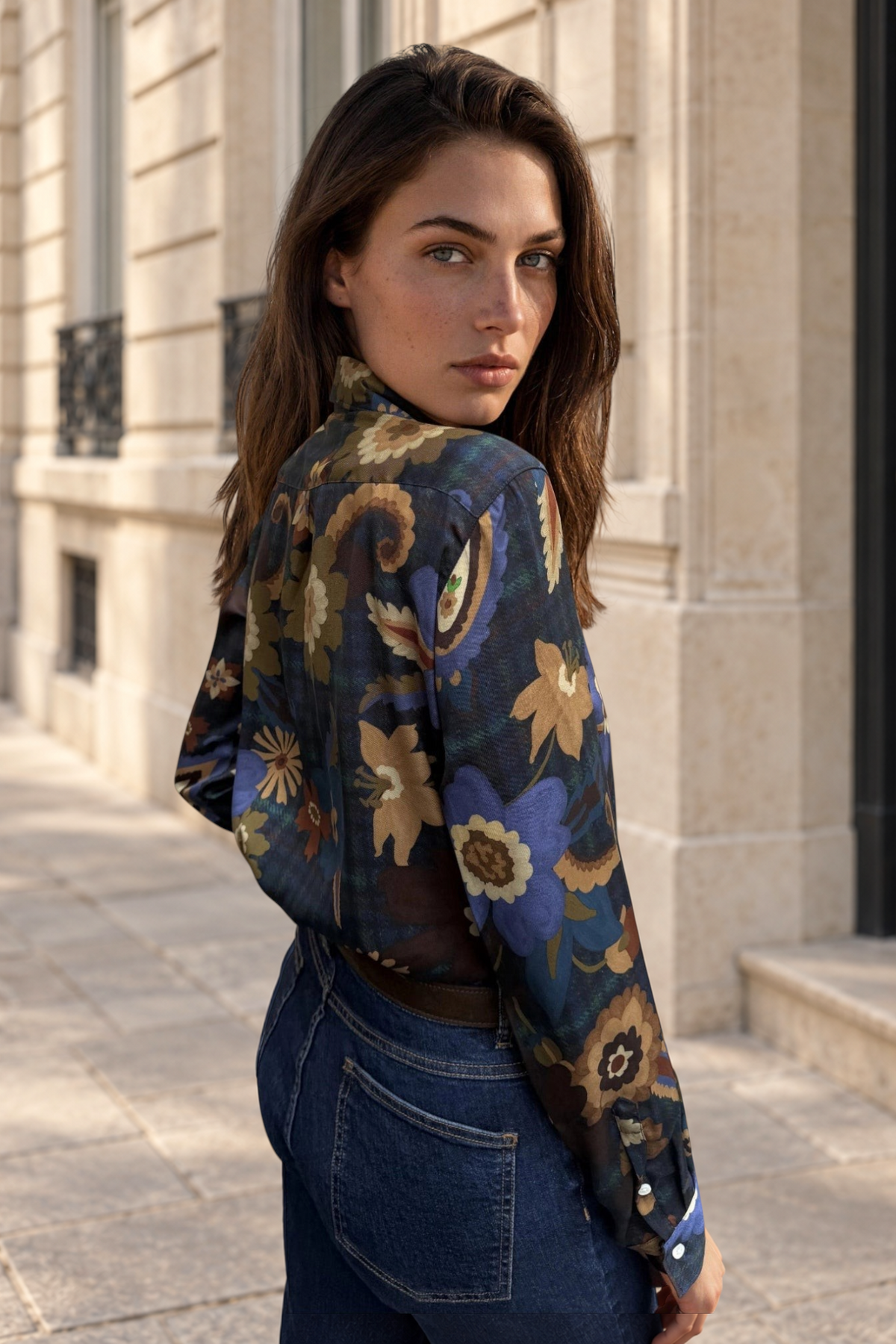 Chemisier Clémence imprimé soyeux - Bleu nuit, camel et ocre-CHEMISIER FEMME-Curling-Paris