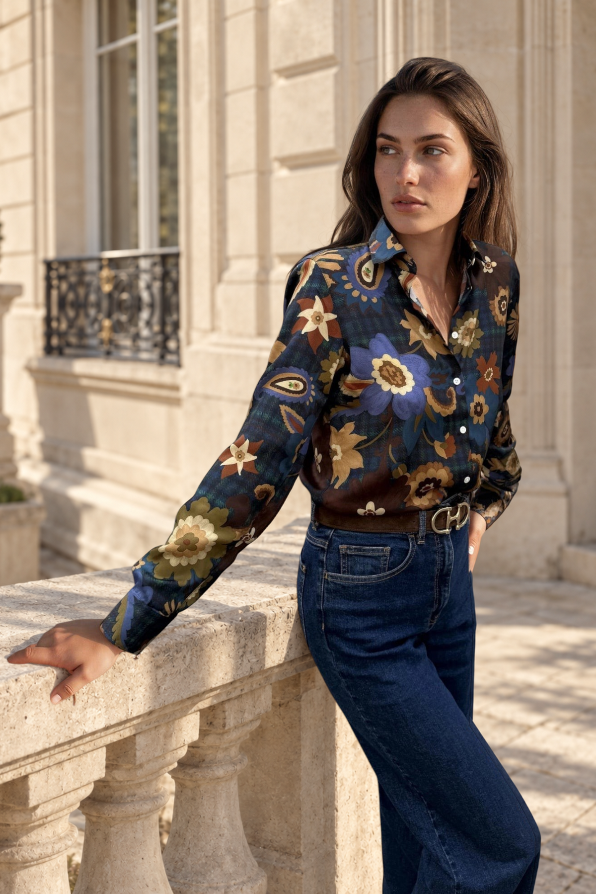 Chemisier Clémence imprimé soyeux - Bleu nuit, camel et ocre-CHEMISIER FEMME-Curling-Paris