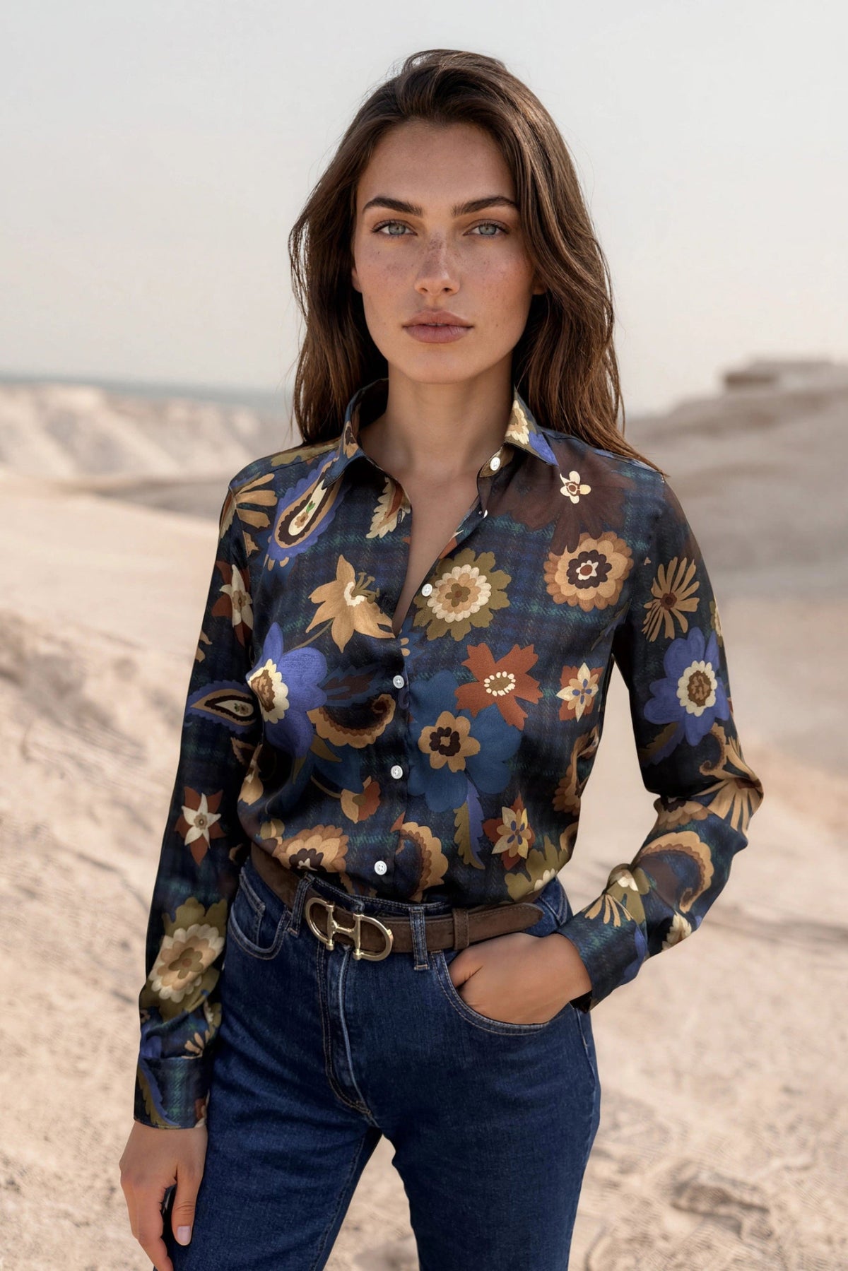 Chemisier Clémence imprimé soyeux - Bleu nuit, camel et ocre-CHEMISIER FEMME-Curling-Paris
