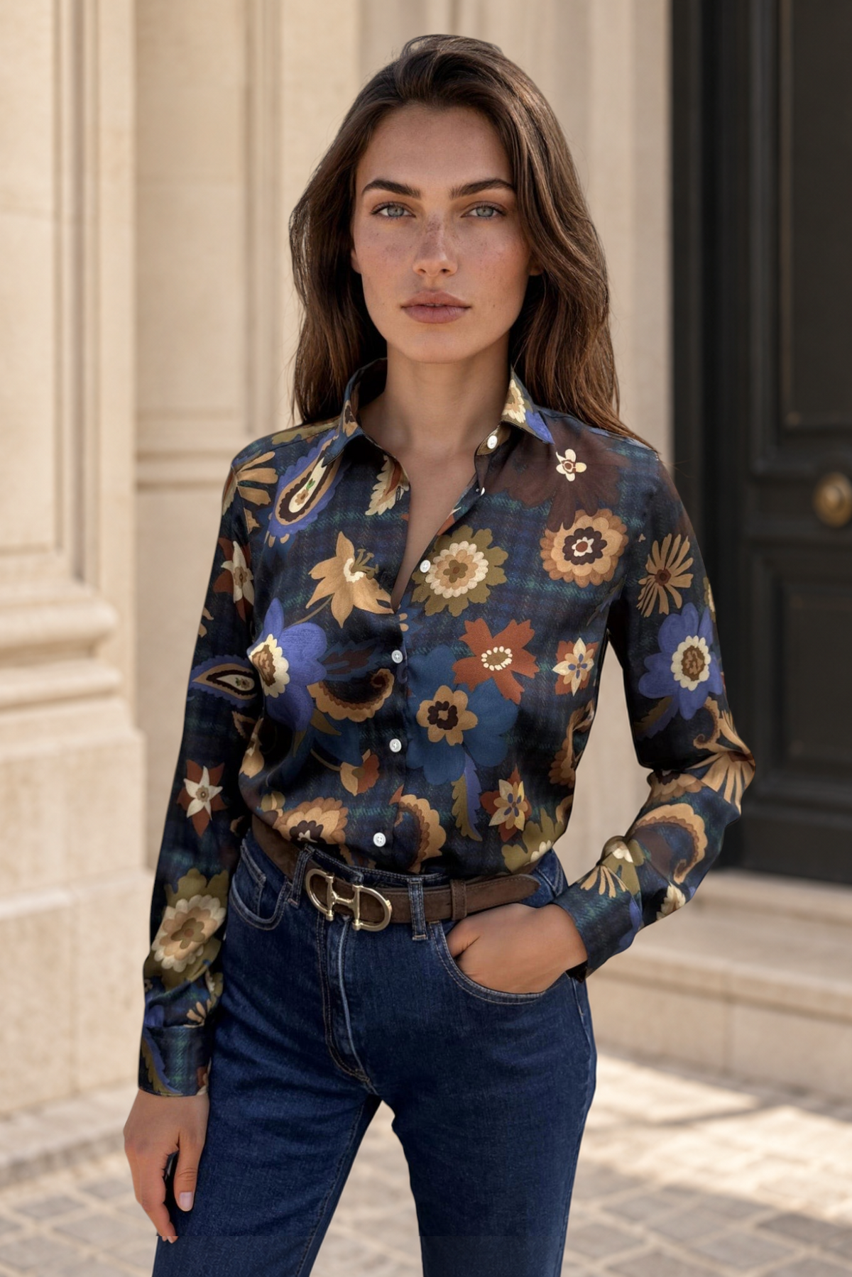 Chemisier Clémence imprimé soyeux - Bleu nuit, camel et ocre-CHEMISIER FEMME-Curling-Paris