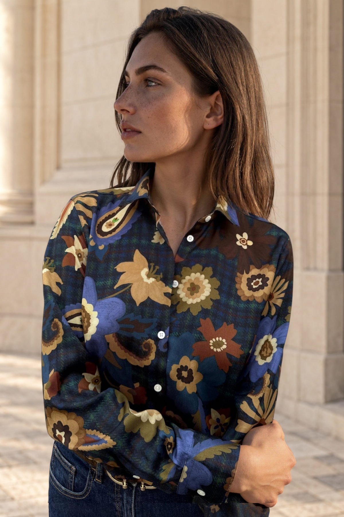 Chemisier Clémence imprimé soyeux - Bleu nuit, camel et ocre-CHEMISIER FEMME-Curling-Paris