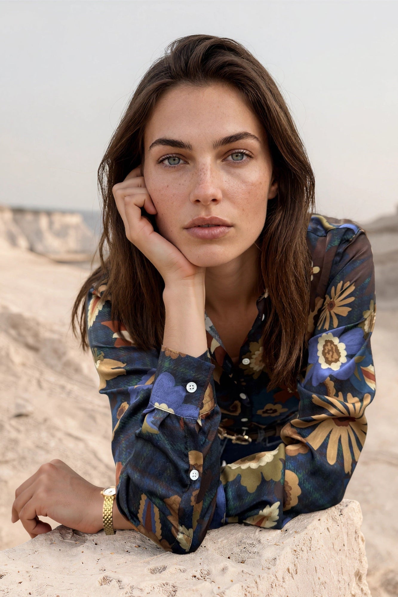 Chemisier Clémence imprimé soyeux - Bleu nuit, camel et ocre-CHEMISIER FEMME-Curling-Paris