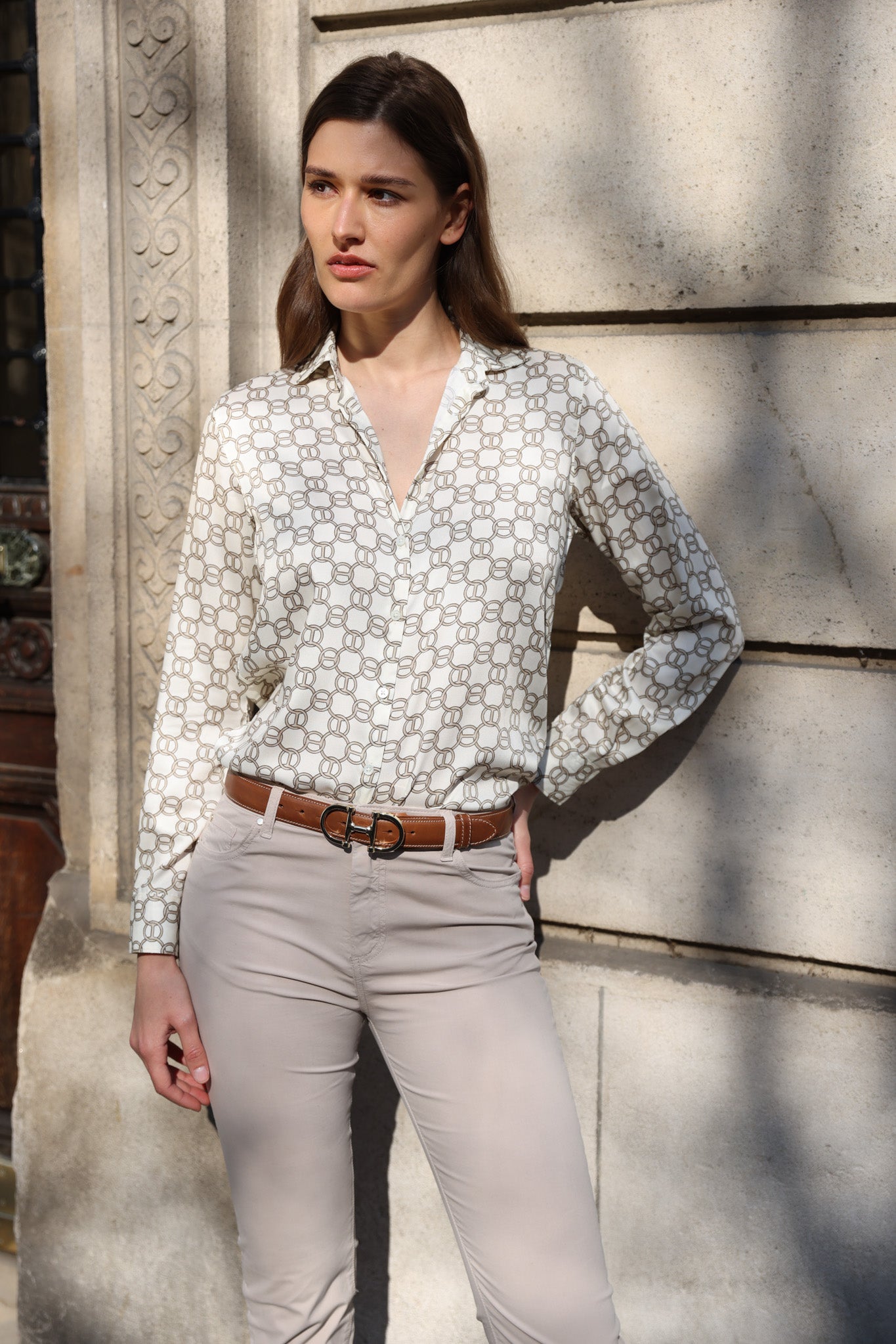 Chemisier Clémence imprimé soyeux - Chaine beige-CHEMISIER FEMME-Curling-Paris