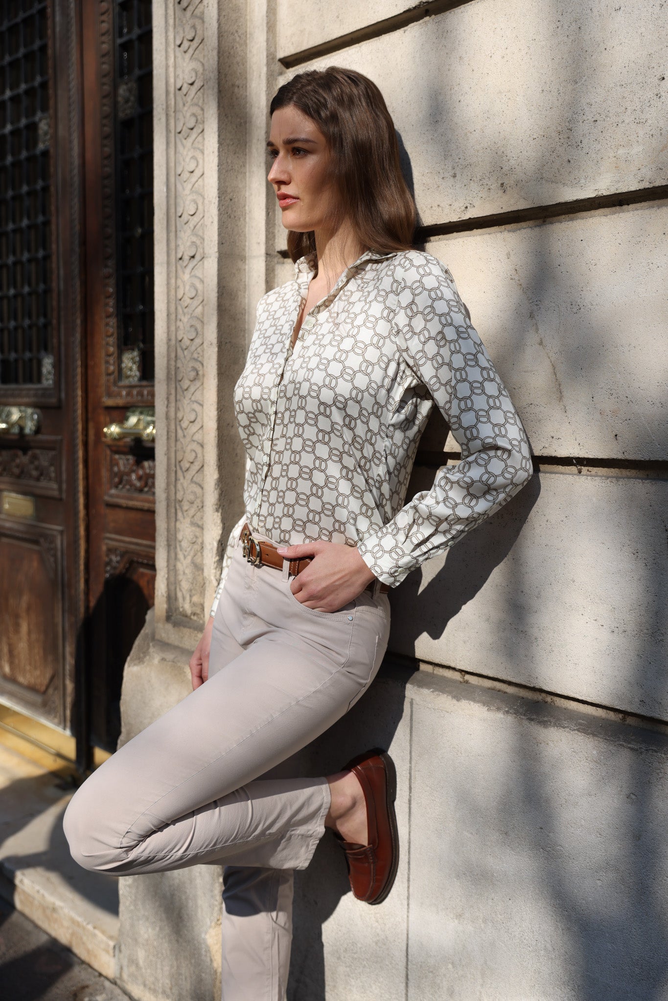 Chemisier Clémence imprimé soyeux - Chaine beige-CHEMISIER FEMME-Curling-Paris